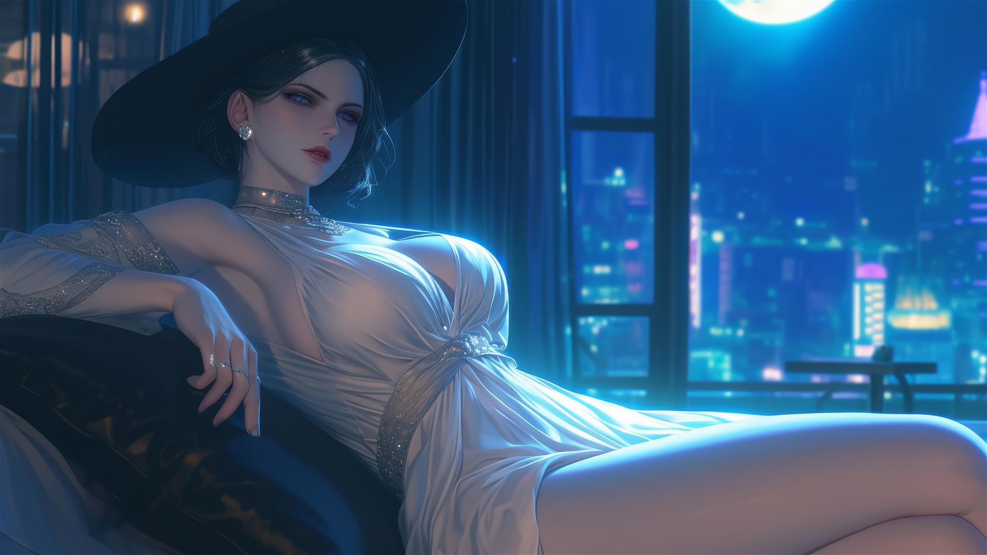Lady Dimitrescu relaxing on a modern hotel bed with moonlight glow