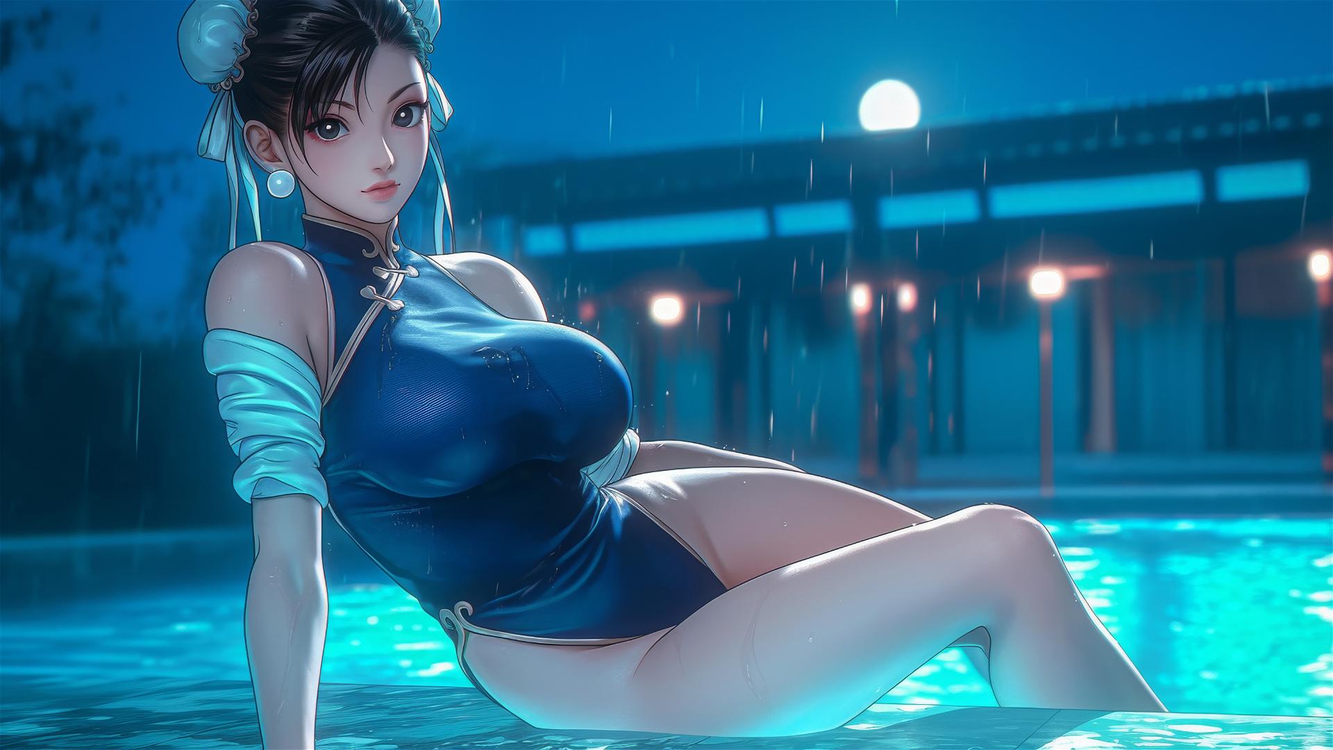 Chun Li at rainy swimming pool under moonlight
