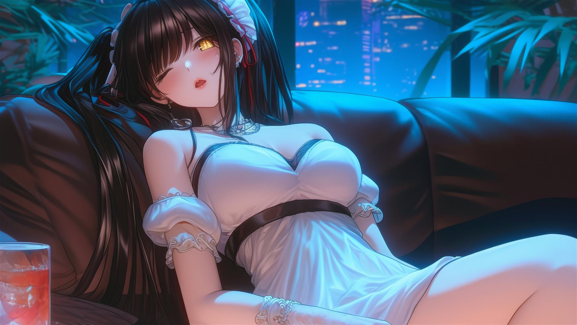 Kurumi Tokisaki rests in a modern hotel room, moonlight highlighting her dual-colored eyes.
