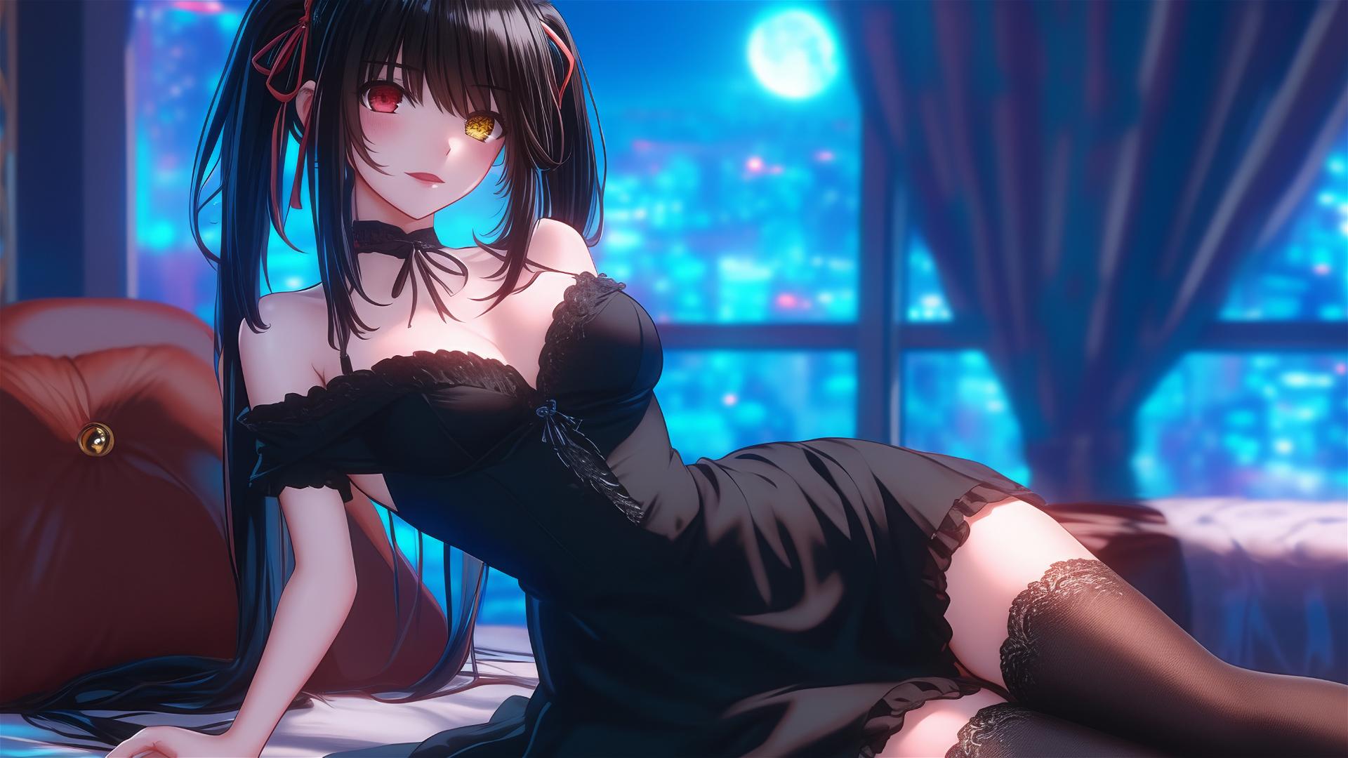 Kurumi Tokisaki relaxing in a modern hotel room with moonlight glow, red and yellow eyes