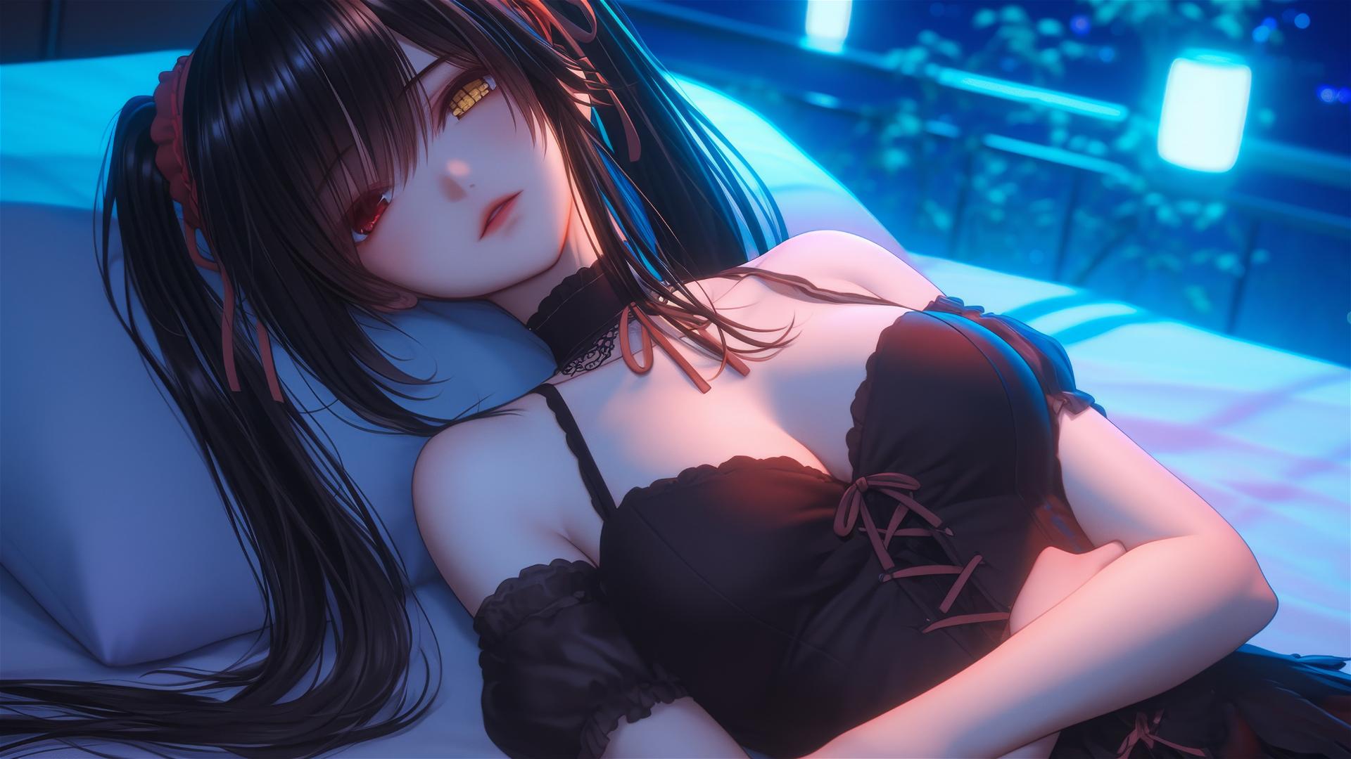 Kurumi Tokisaki resting in a modern hotel room with moonlight glow and different colored eyes.