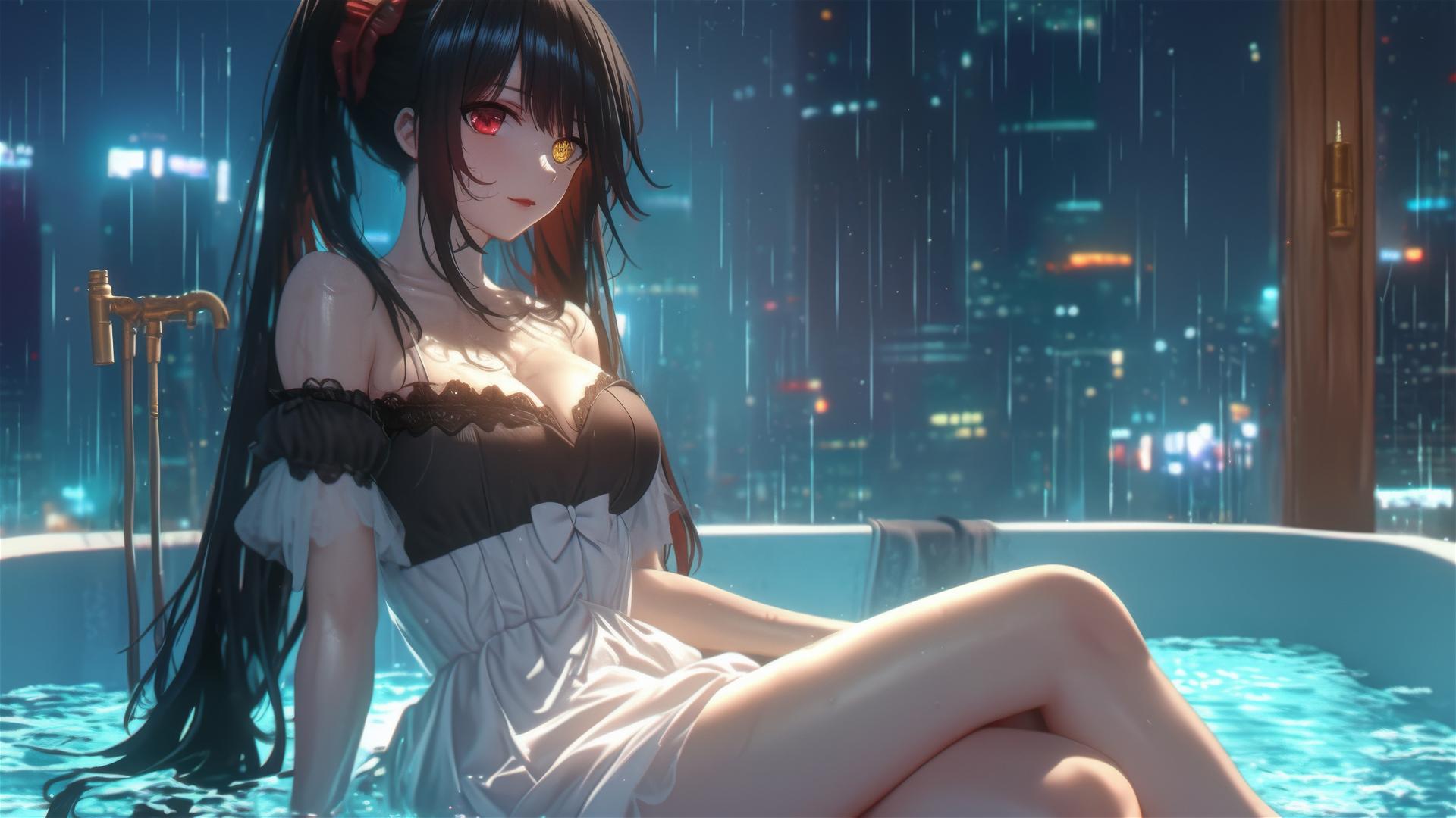 Kurumi Tokisaki in a tub, moonlight glow, white dress, rainy, heterochromia