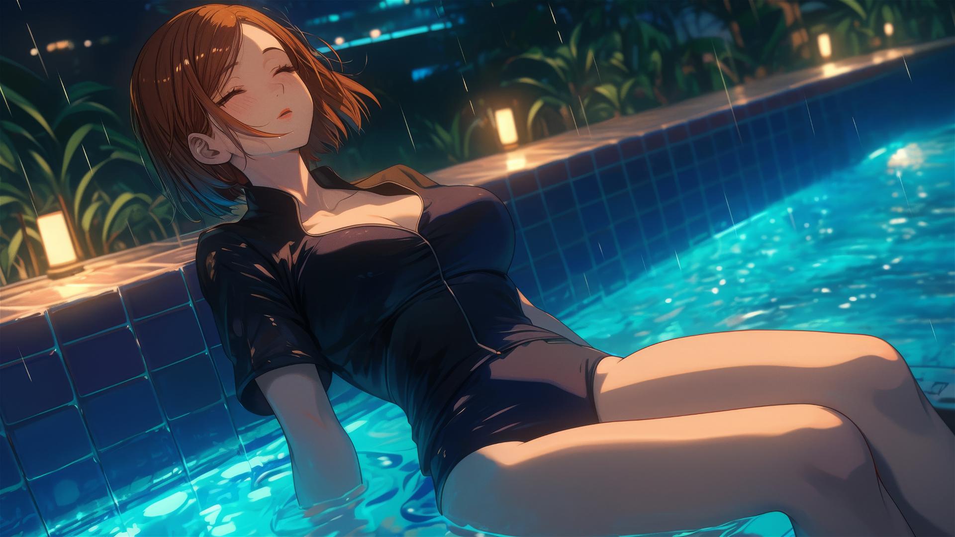 Nobara Kugisaki rests by a rainy swimming pool under moonlight