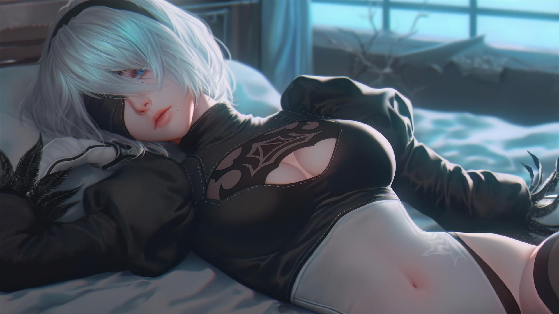 2B from Nier relaxing in a modern hotel room with moonlight glow