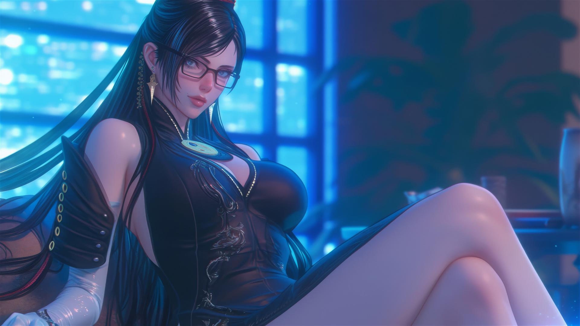 Bayonetta sitting in a modern hotel room with moonlight glowing on her