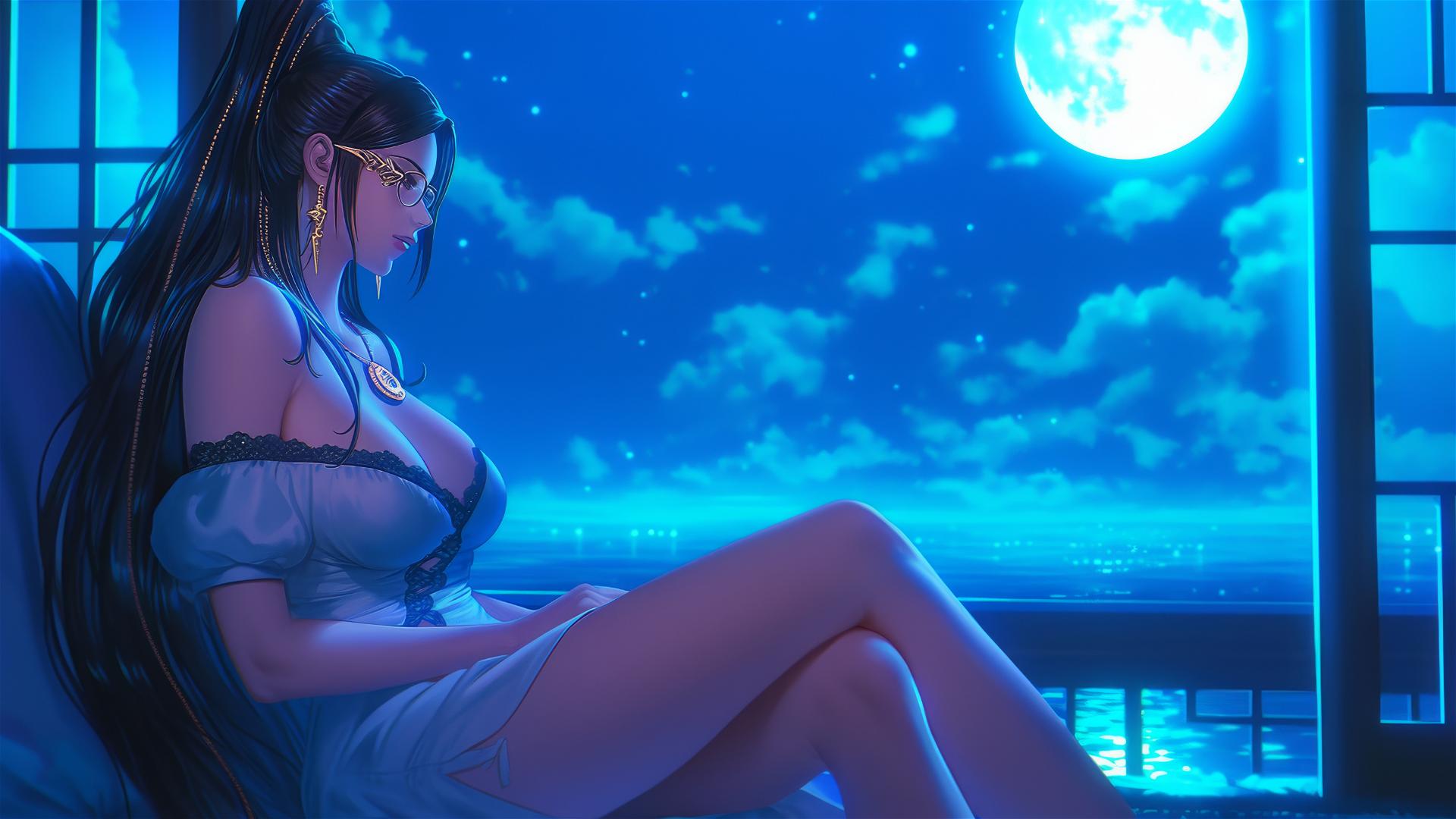 Bayonetta sitting in a modern hotel room with moonlight glow