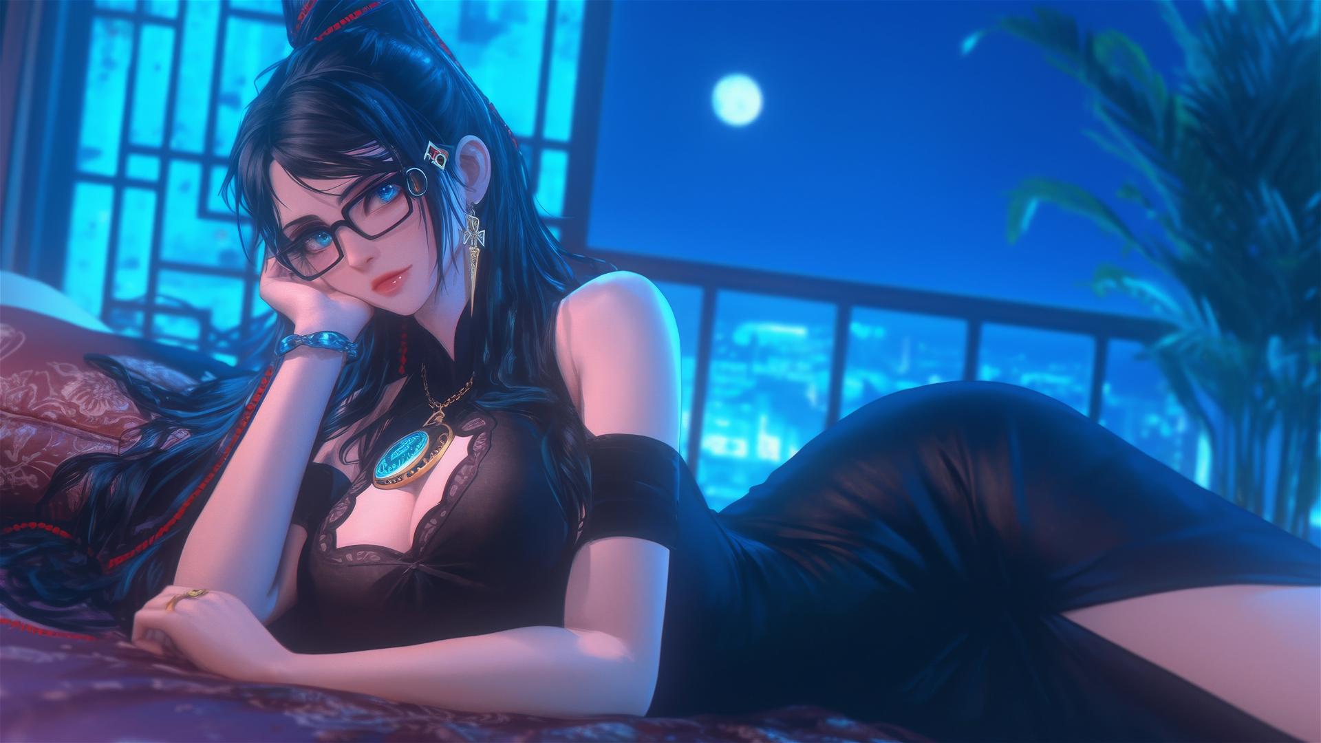 Bayonetta resting in a modern hotel room under moonlight