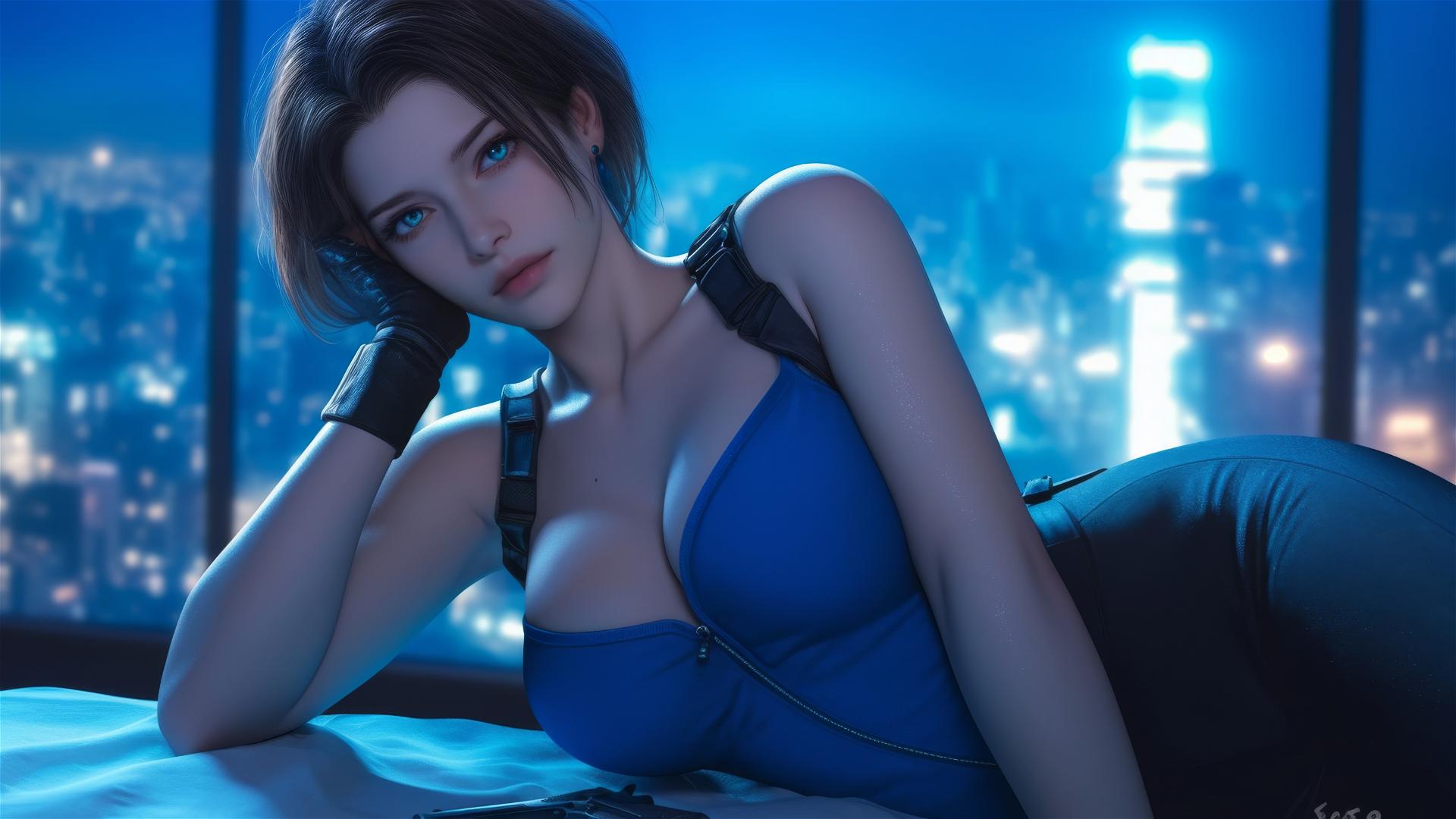 Jill Valentine resting in a modern hotel room with moonlight glow