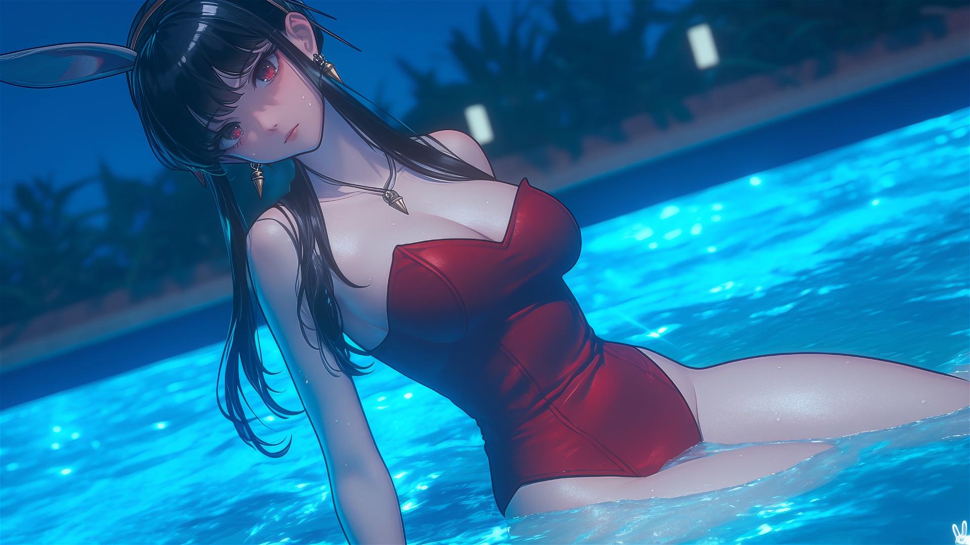 Yor Forger in bunny girl style resting by pool under moonlight