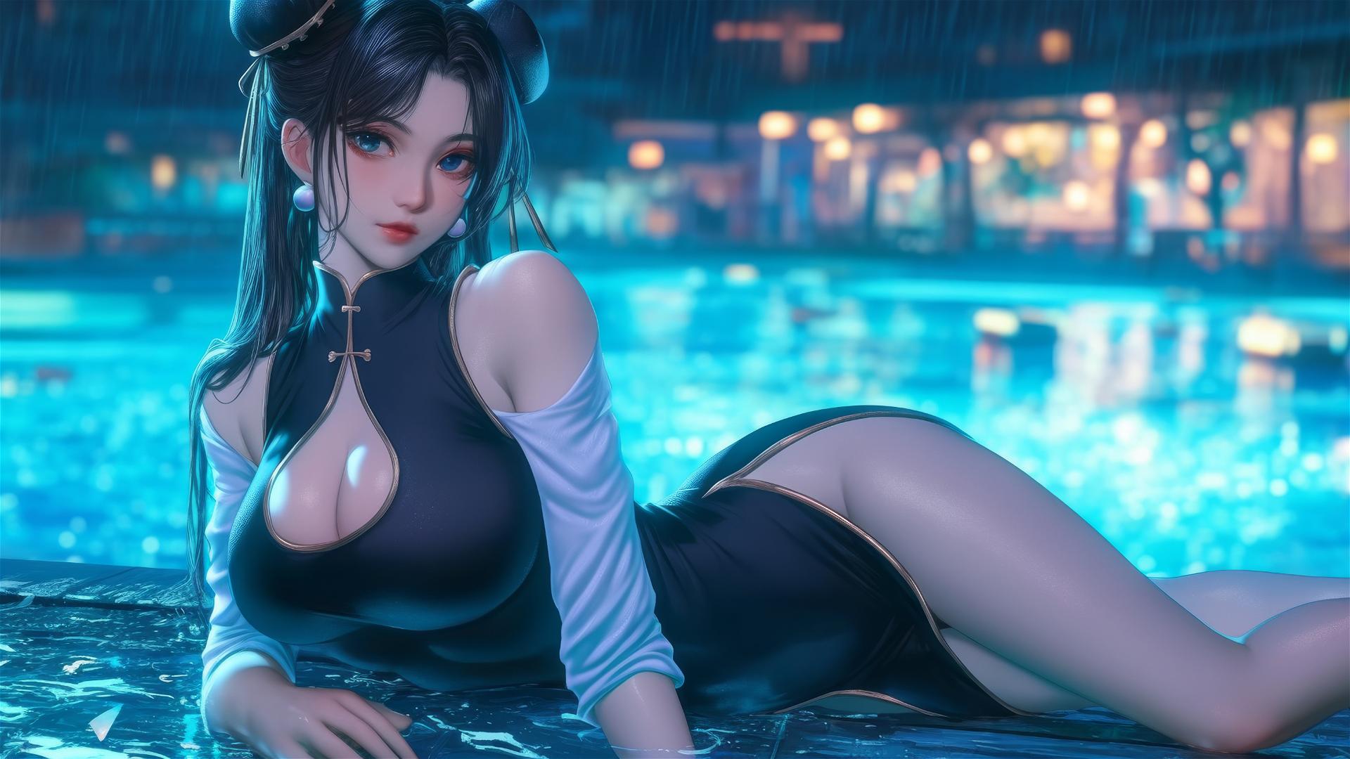 Chun Li in a black dress resting by a rainy pool under moonlight