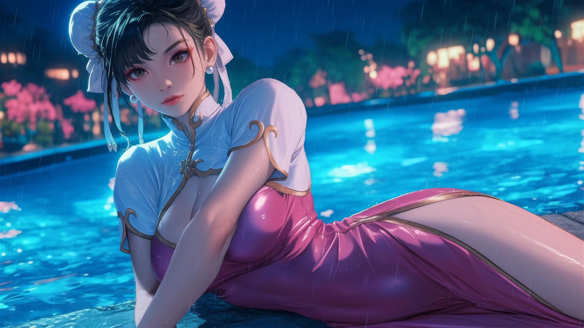 Chun Li in pink dress resting at a rainy swimming pool under moonlight.