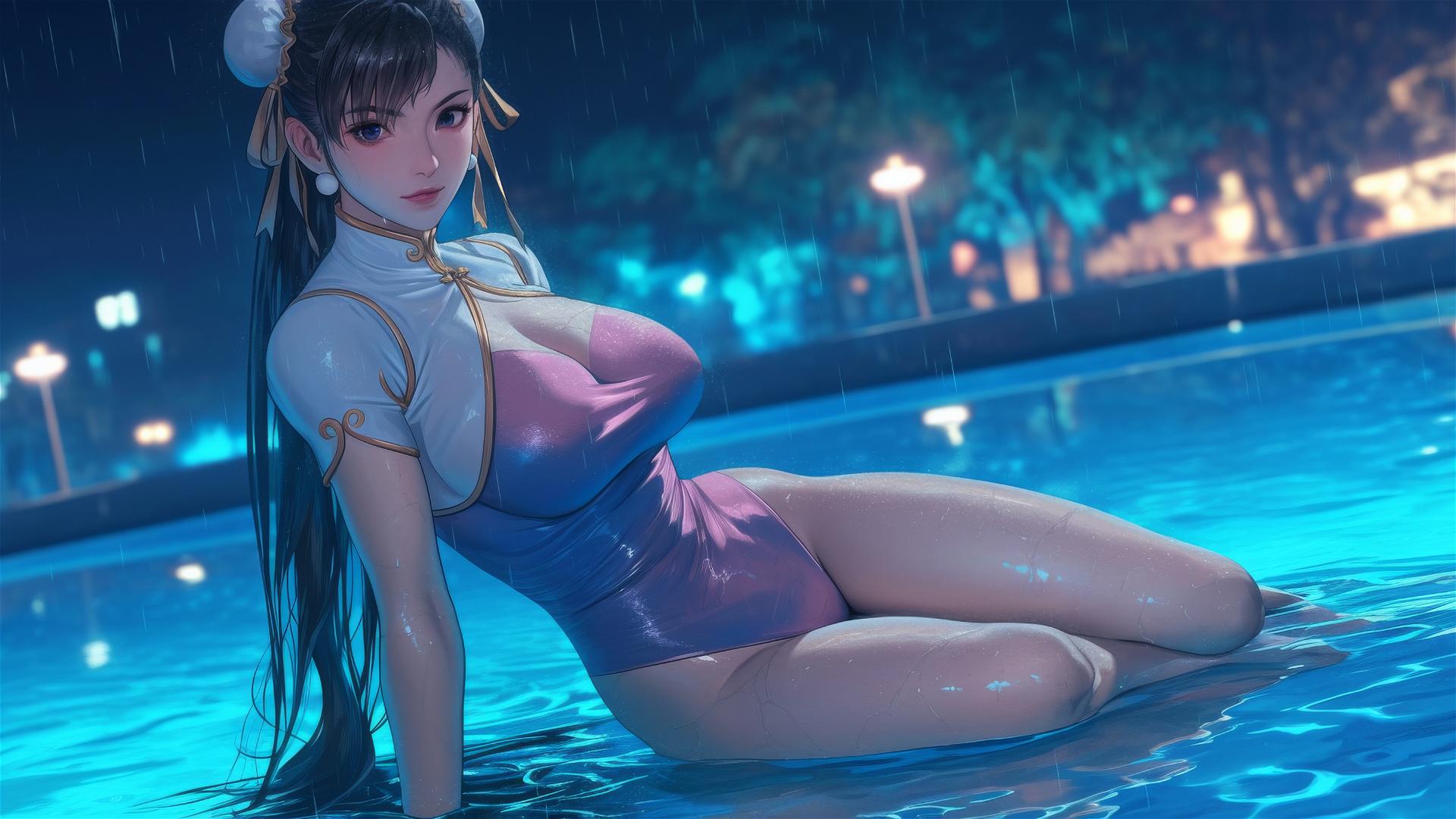 Chun Li in a pink dress resting by a rainy pool under moonlight
