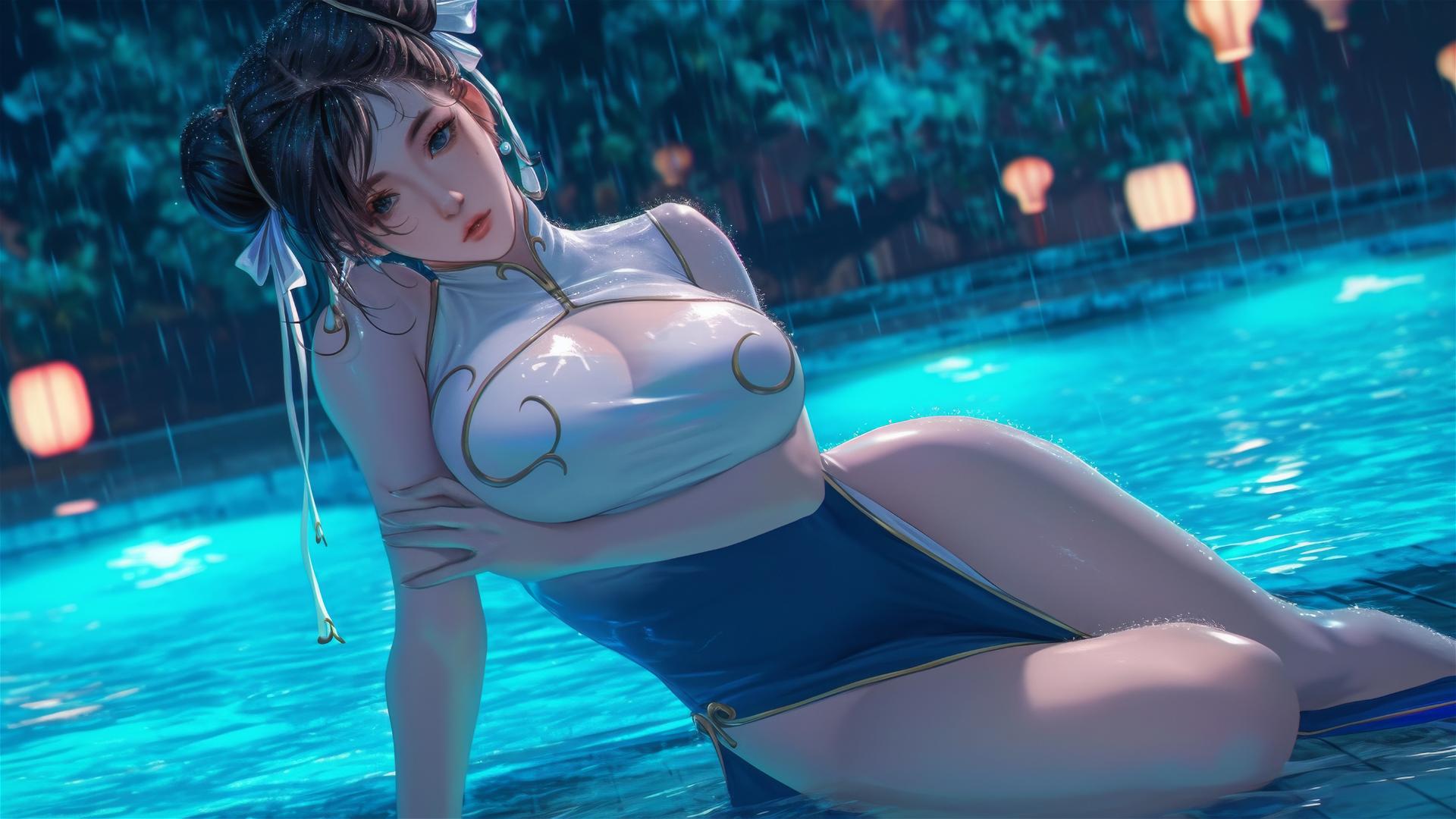 Chun Li from Street Fighter in a white dress, resting by a rainy pool under moonlight.