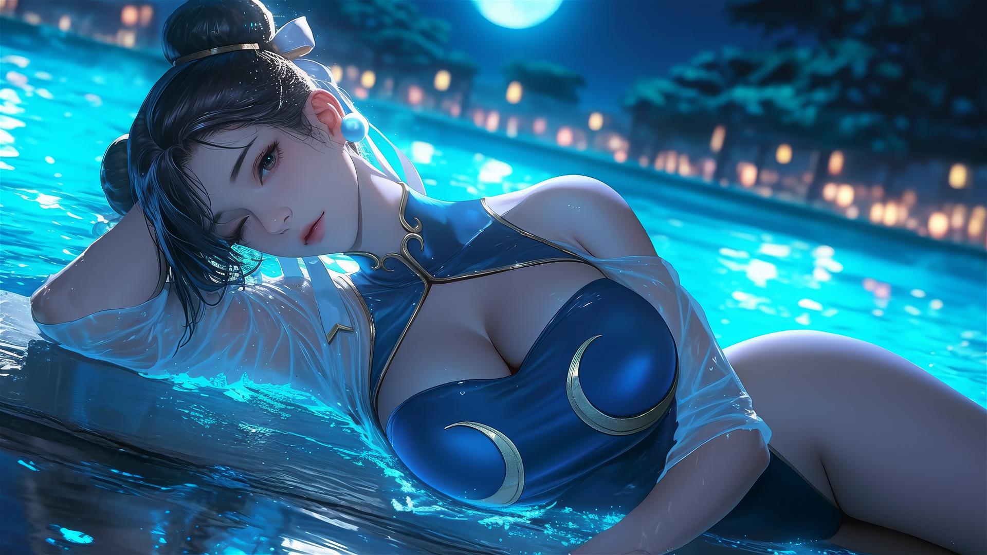 Chun Li resting at a rainy pool under moonlight