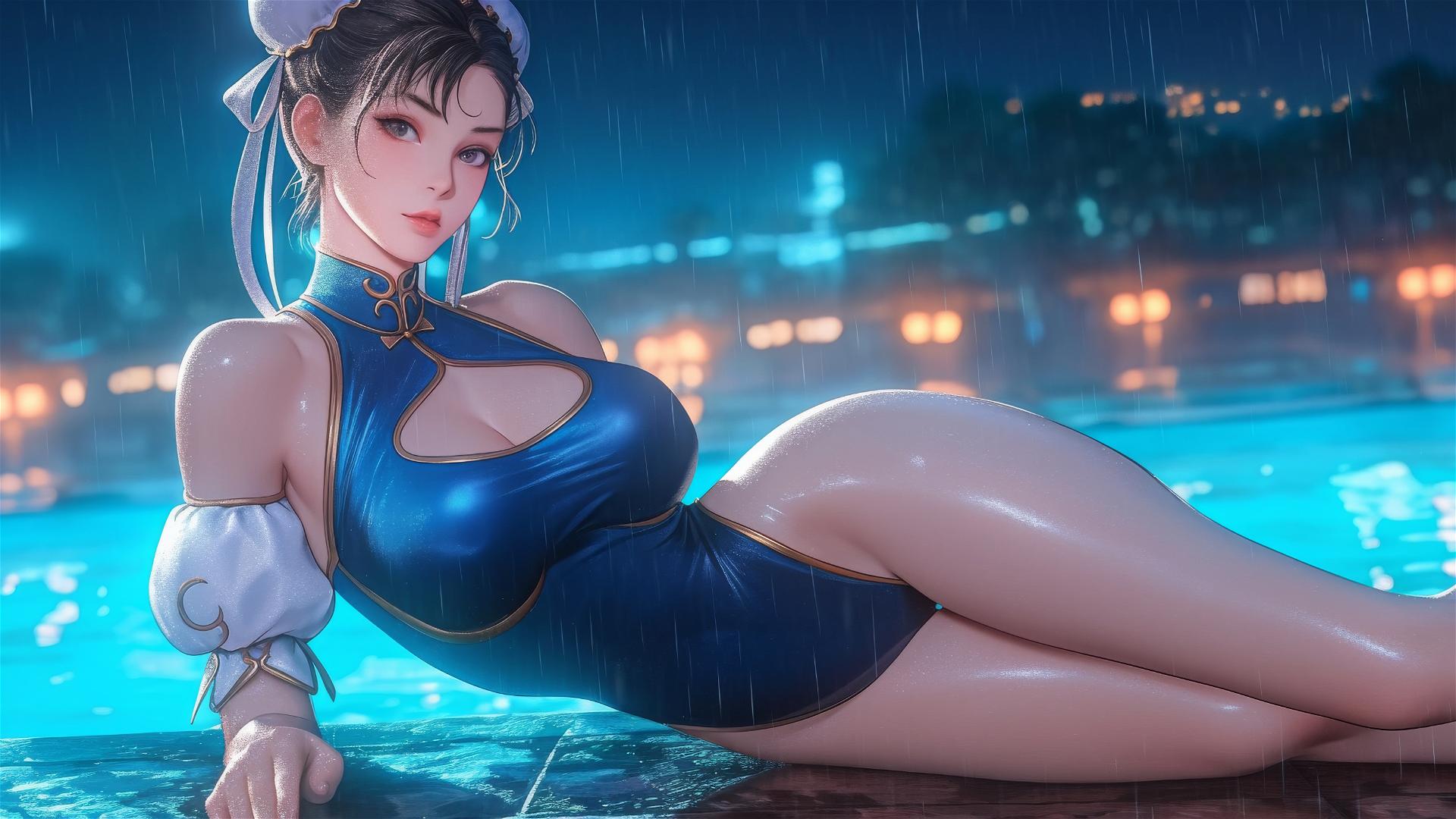 Chun Li resting at a rainy pool under moonlight