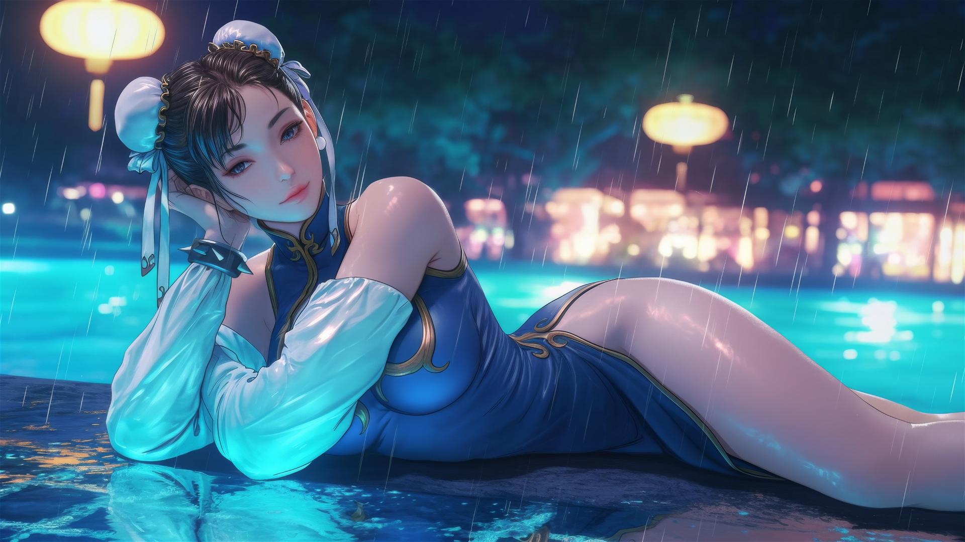 Chun Li resting by a rainy swimming pool with soft moonlight