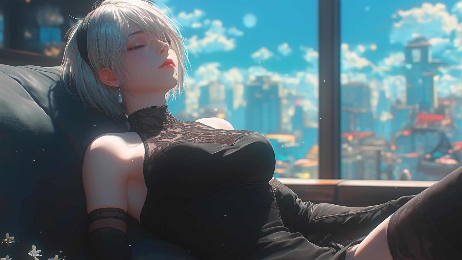 2B from Nier, seated in a modern hotel room, illuminated by moonlight.