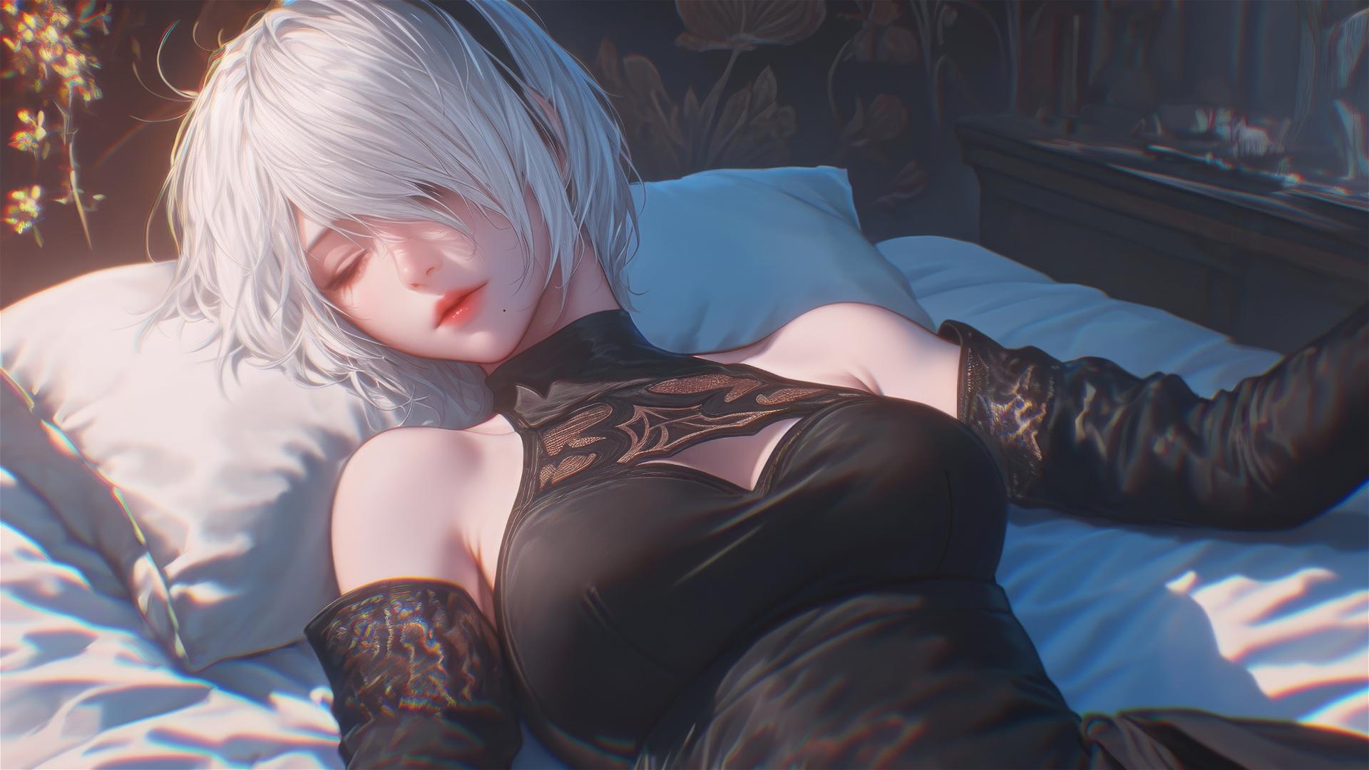 High angle view of 2B from Nier in bed, relaxed posture, short hair