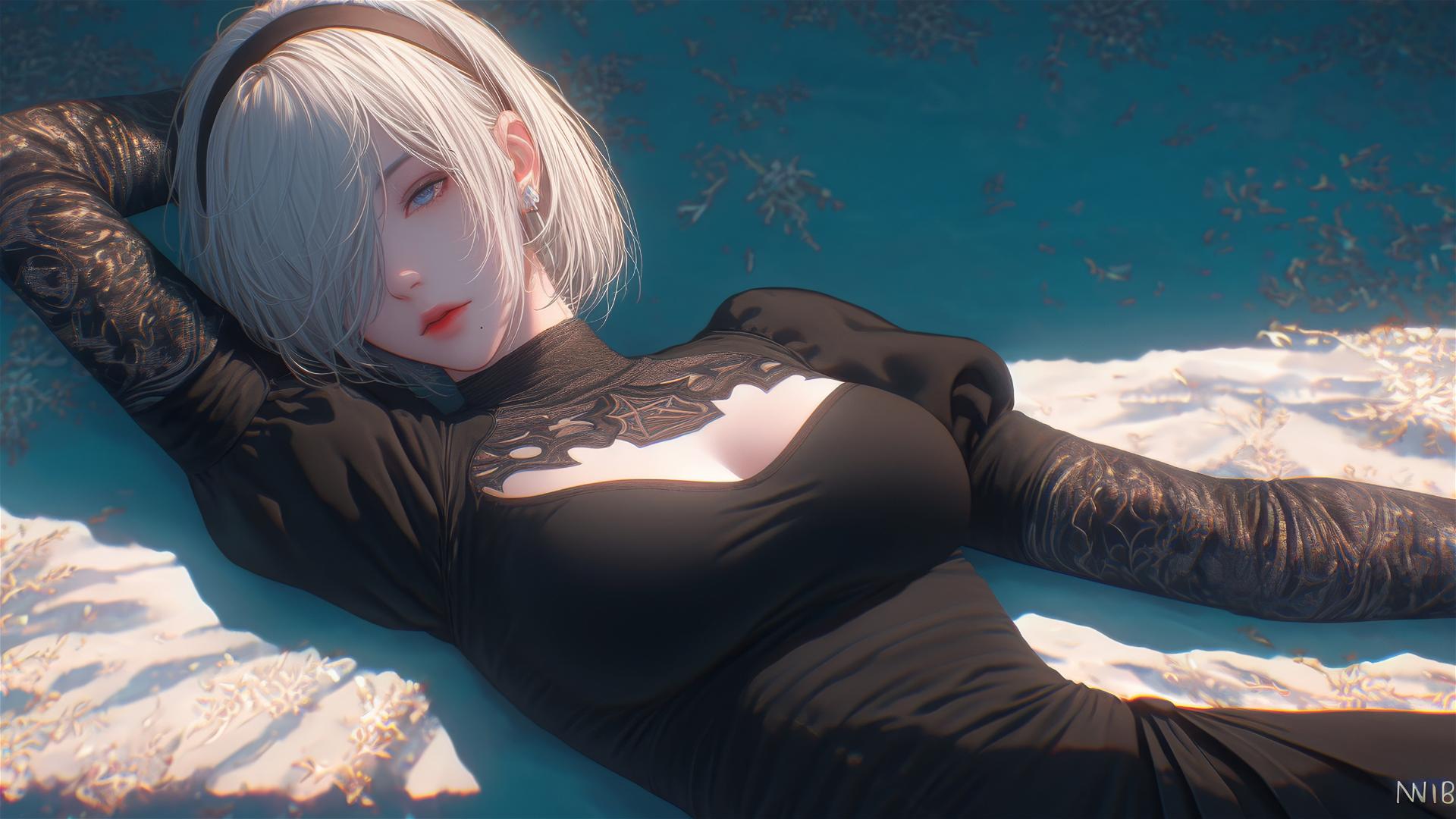 High angle view of 2B from Nier in bed with short hair in a relaxed posture.