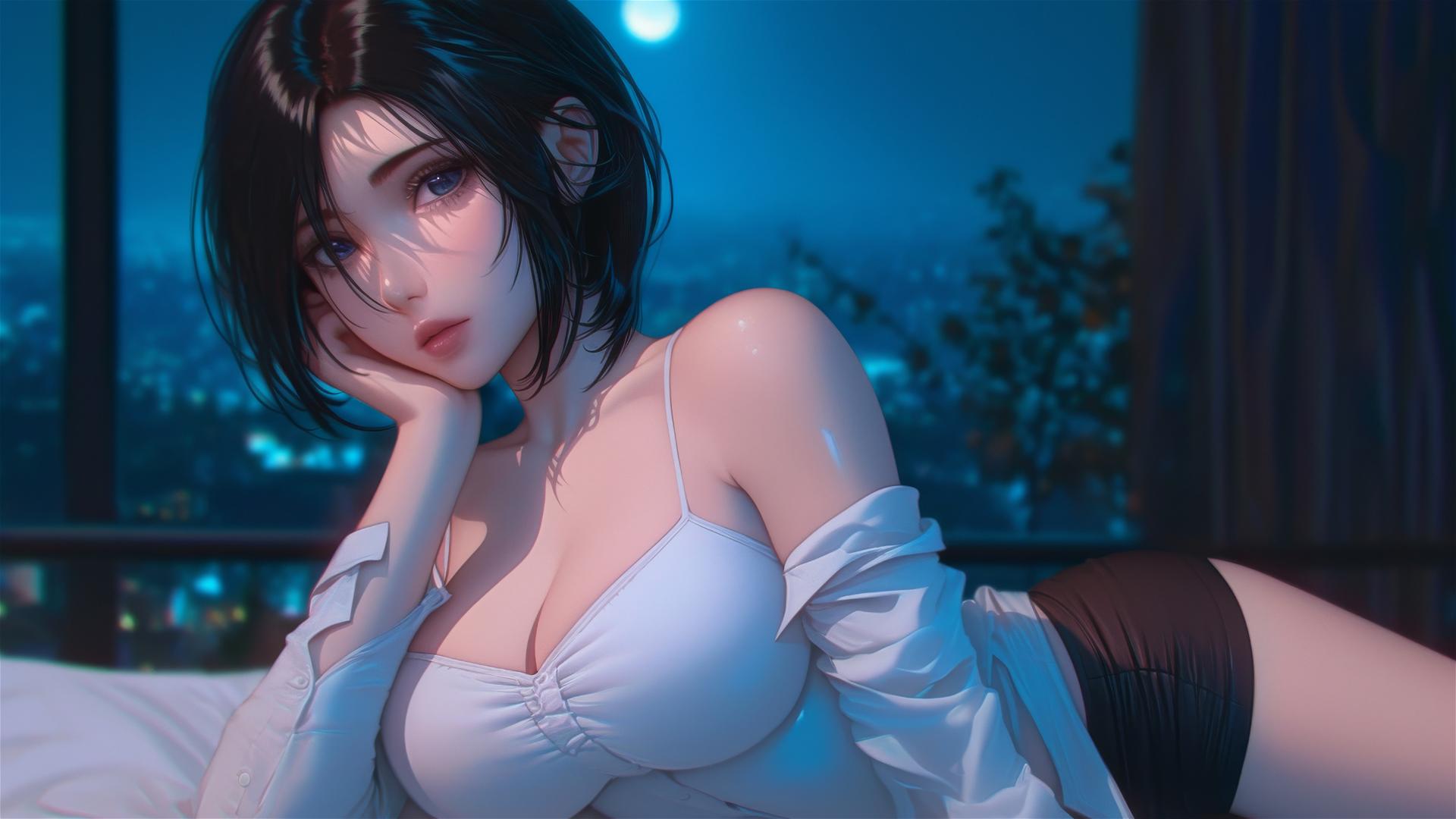 Mikasa Ackerman resting in modern hotel room by moonlight
