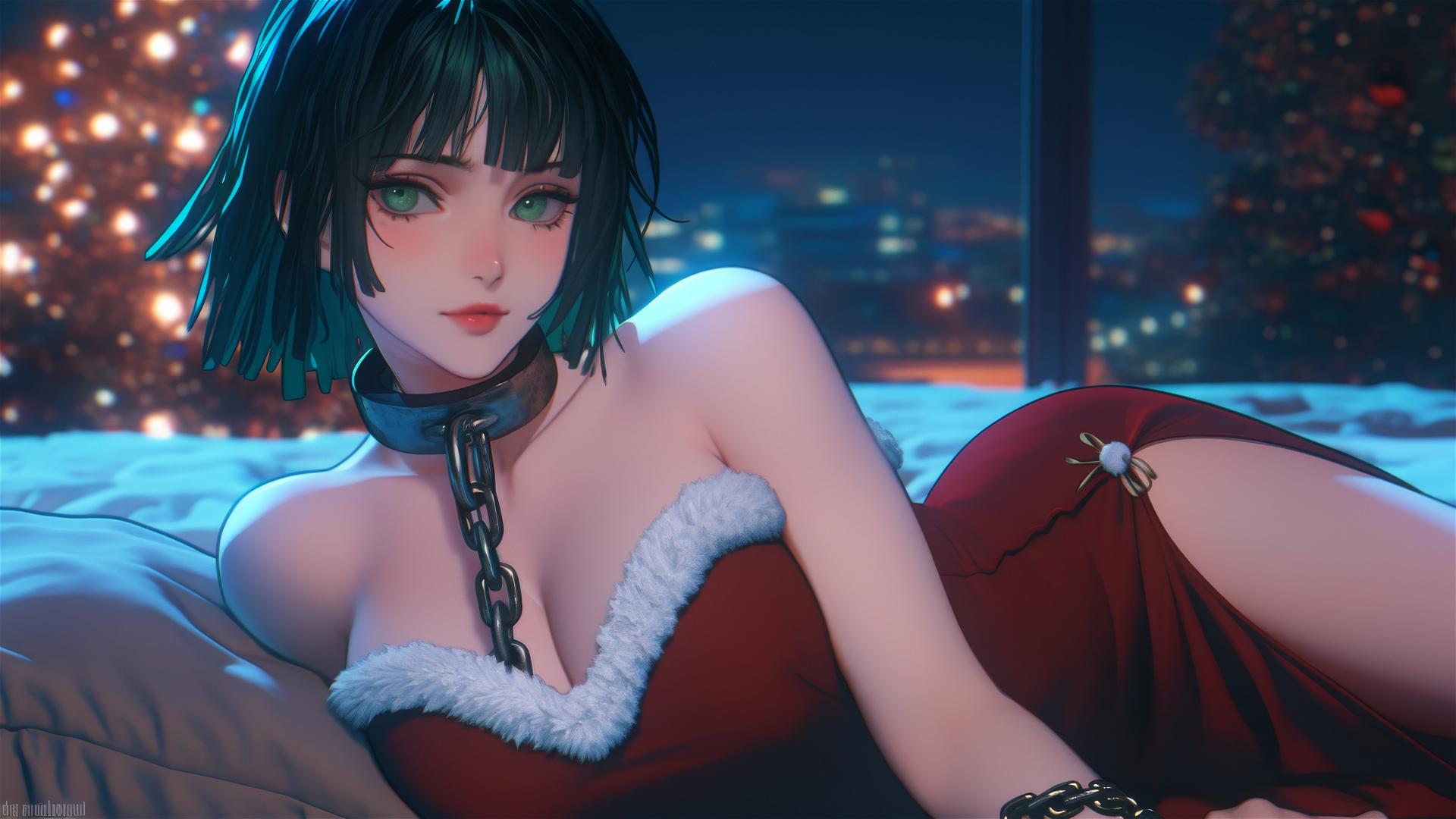 Fubuki from One Punch Man in a Christmas costume, chained, in neon-lit modern hotel room.