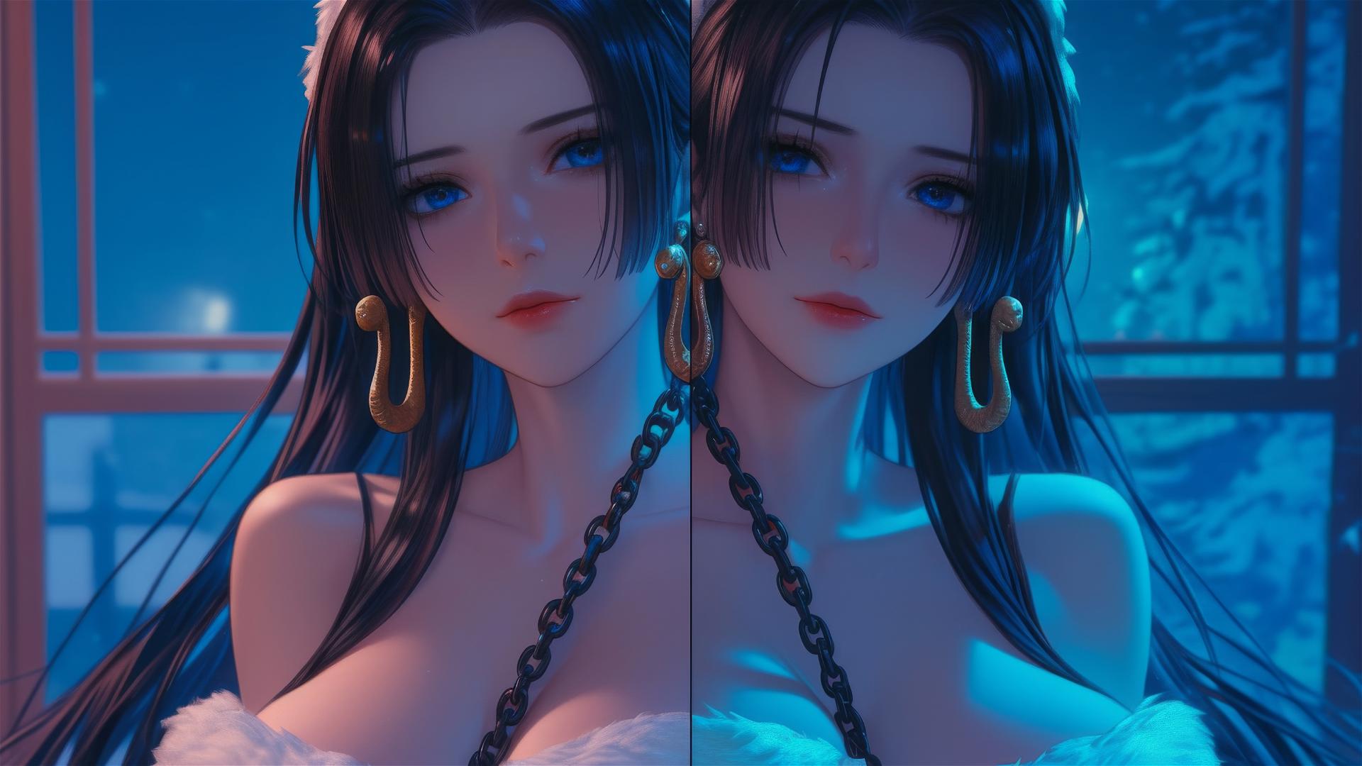 Boa Hancock in Christmas costume chained in modern hotel room with neon light.