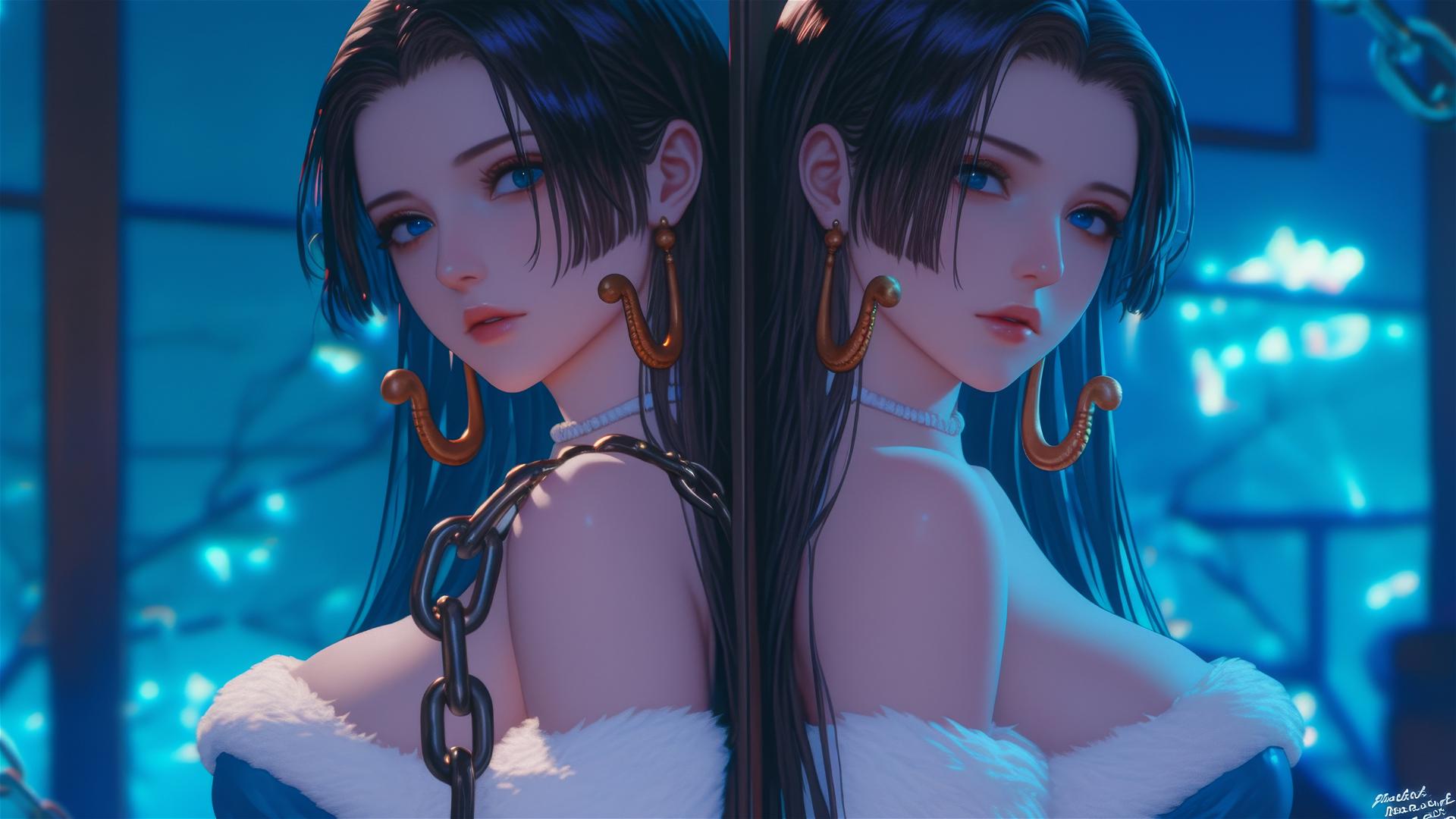 Boa Hancock in a Christmas costume, chained in a modern hotel