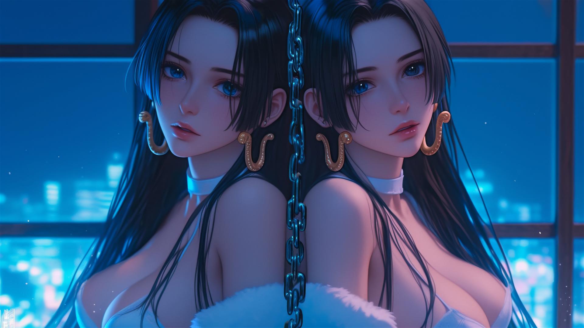 Boa Hancock from One Piece in a Christmas costume, chained in a neon-lit hotel room
