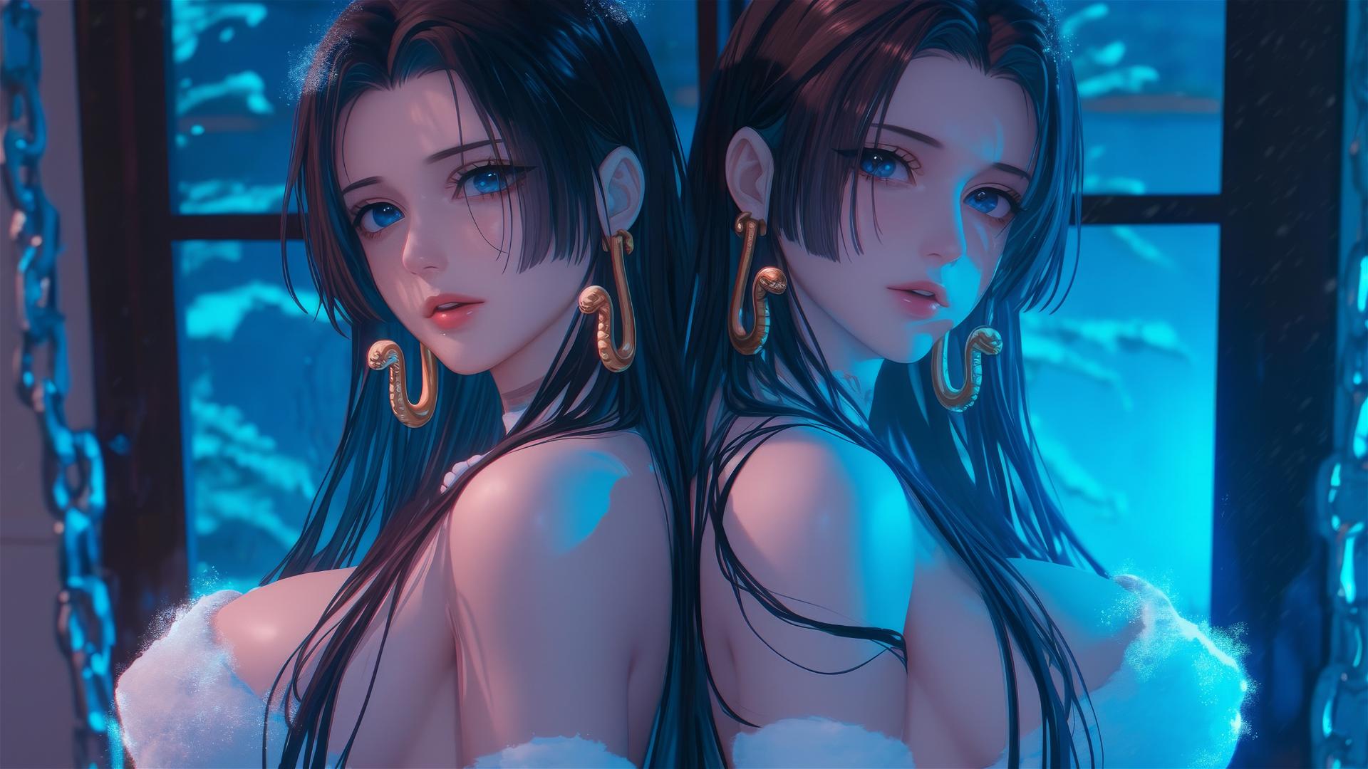 Boa Hancock in Christmas costume chained in a modern hotel room with neon lights
