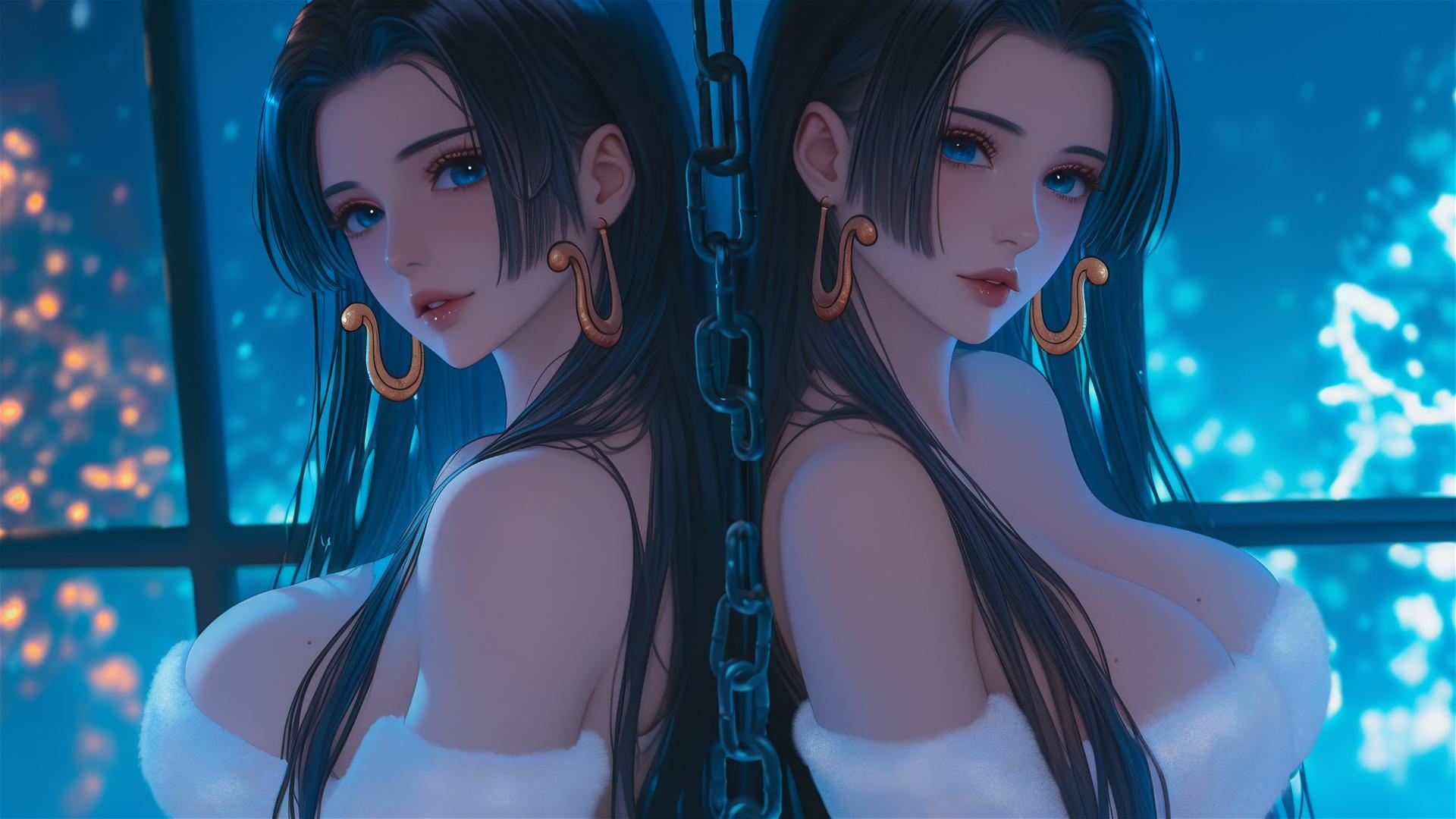 Boa Hancock in Christmas costume, chained in modern hotel room with neon light