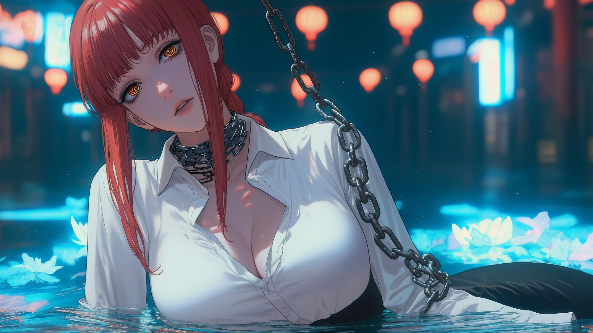 Makima from Chainsaw Man resting under moonlight with iron chains at a hotel