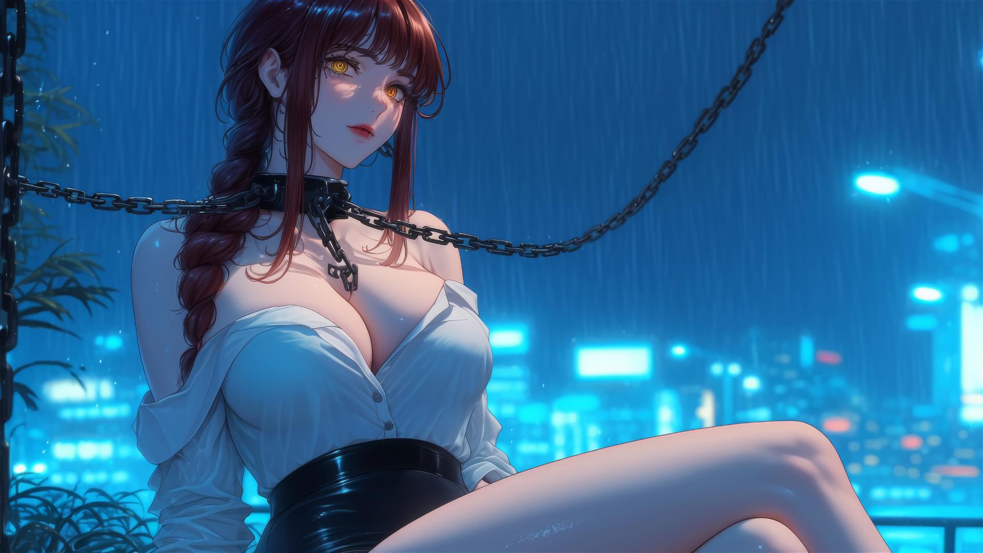 Makima from Chainsaw Man resting in a modern hotel room, chained, moonlit