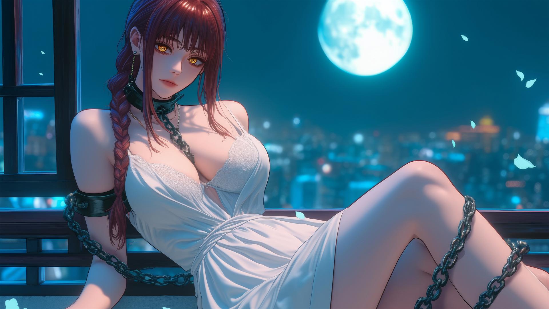 Makima from Chainsaw Man, bound by iron chains, resting in a modern hotel room with moonlight softly illuminating her.