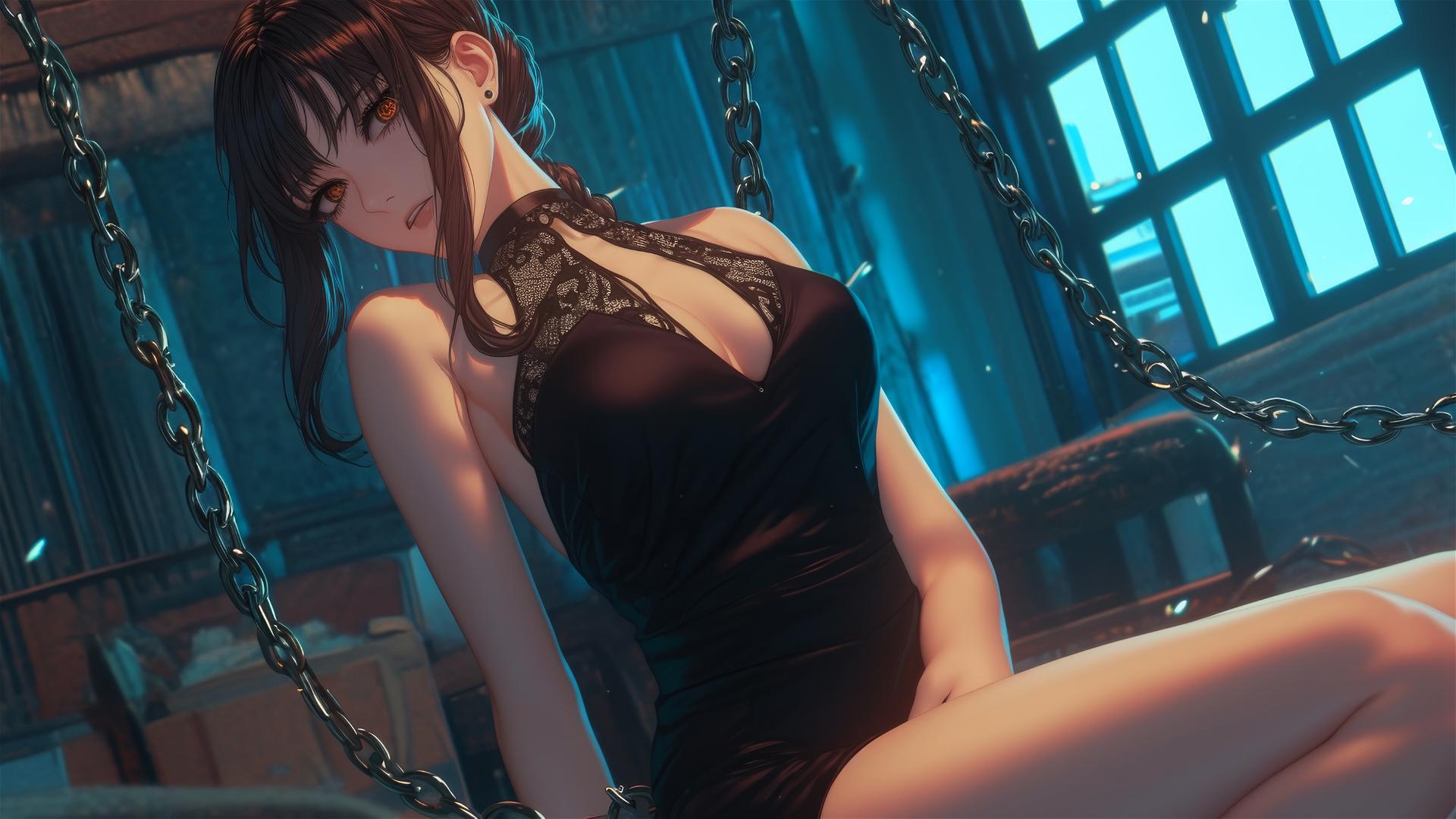 Makima from Chainsaw Man with iron chains in a dark stairwell