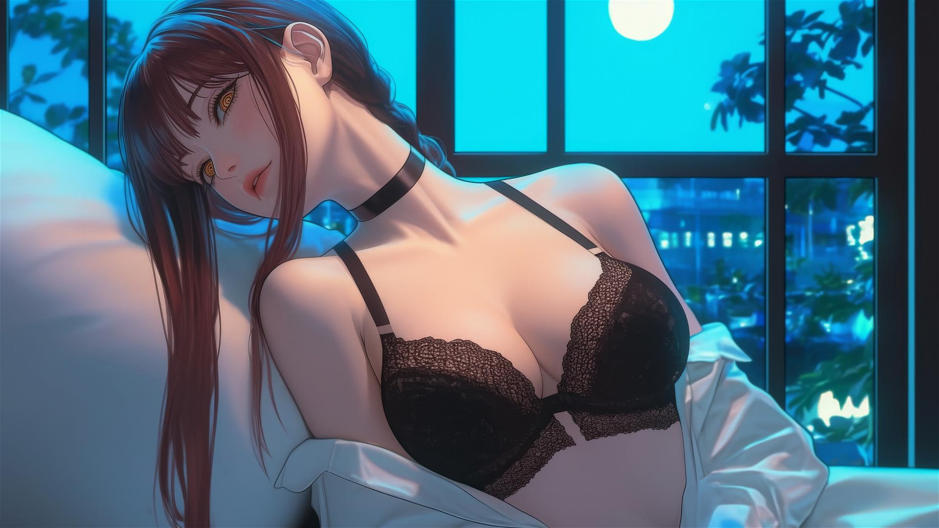 Makima from Chainsaw Man in her room, bathed in moonlight, with an ambiguous posture.