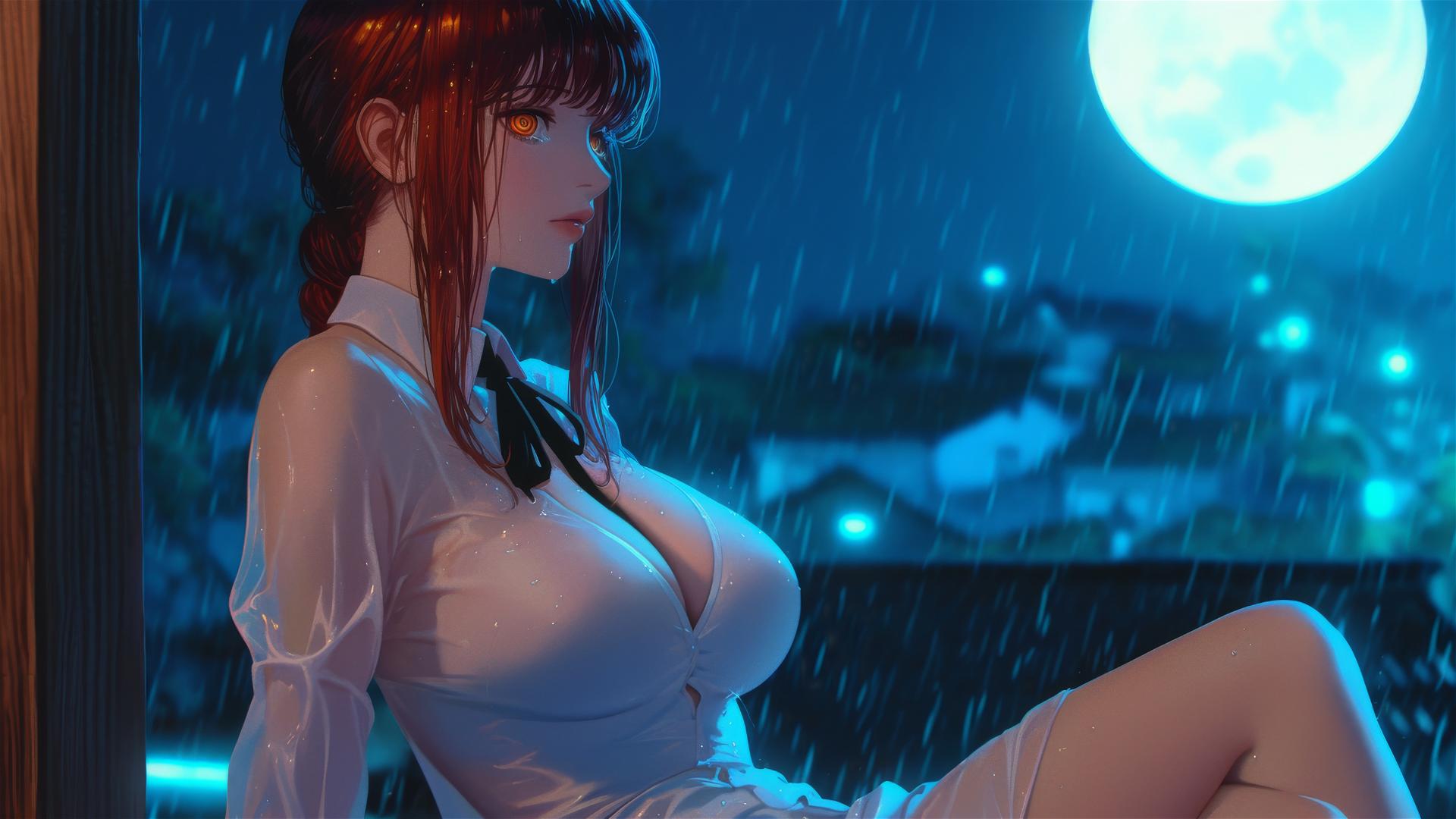 Makima from Chainsaw Man resting on a rainy rooftop under moonlight