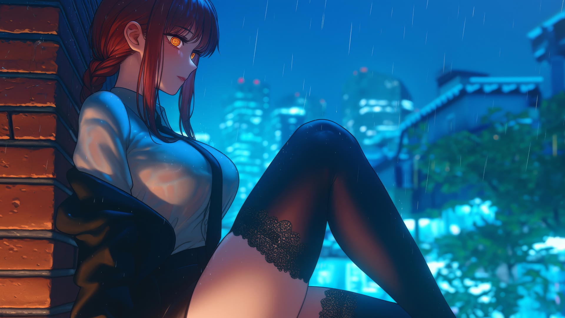 Makima from Chainsaw Man resting on a rainy rooftop with moonlight glow