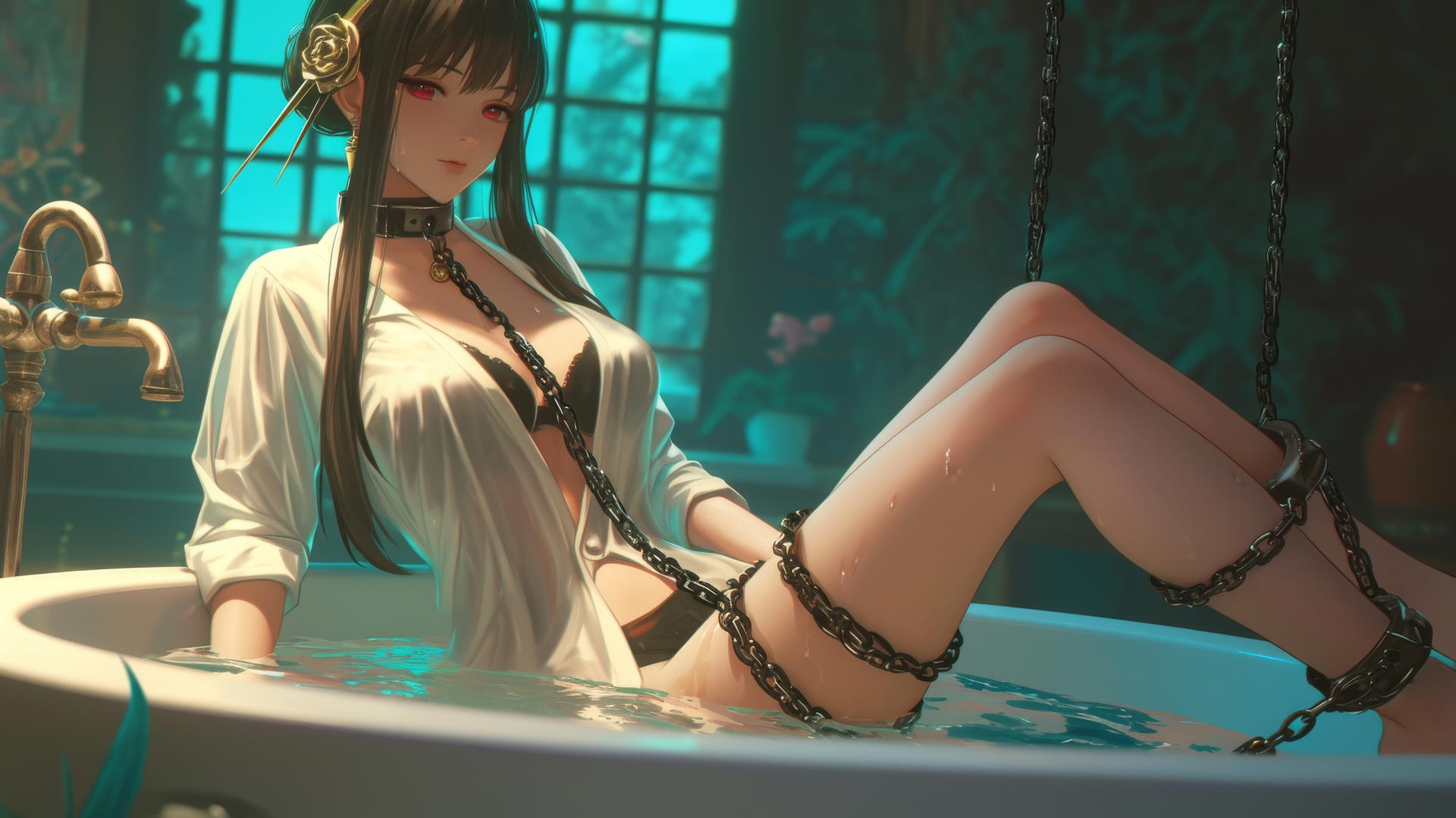 Yor Forger from Spy x Family chained in a tub with neon light glow