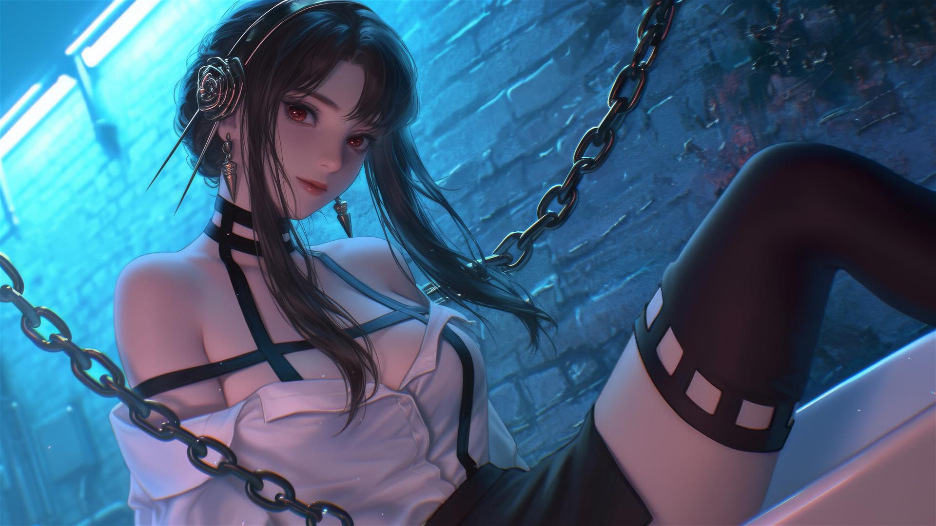 Yor Forger in white office shirt, chained at the tub with neon glow
