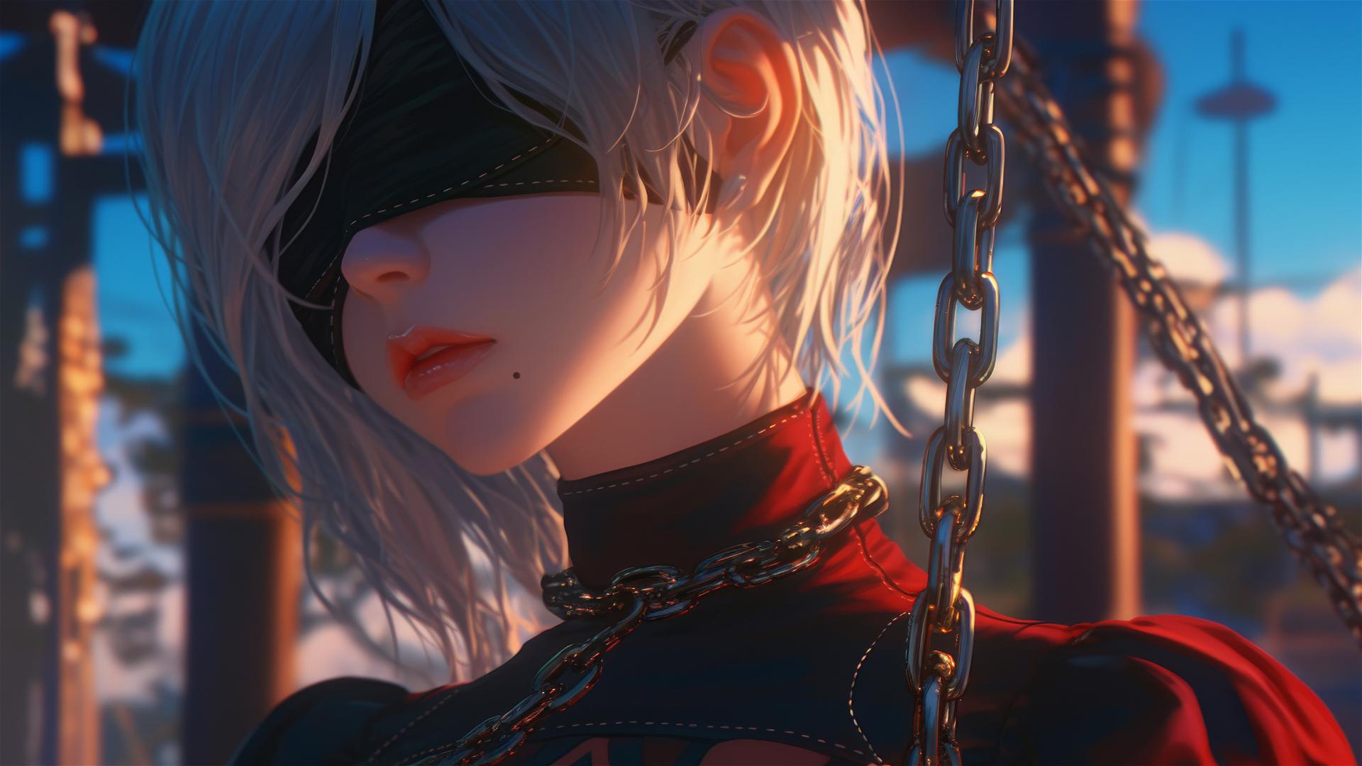 2B from Nier with a blindfold, chained neck, in a modern apartment with warm light.
