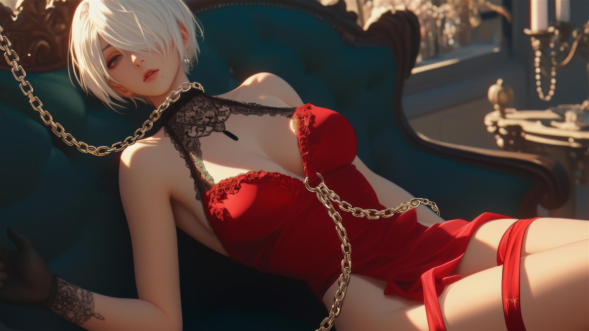 2B from Nier in a modern apartment bathtub, chained, with a red blindfold, in warm light