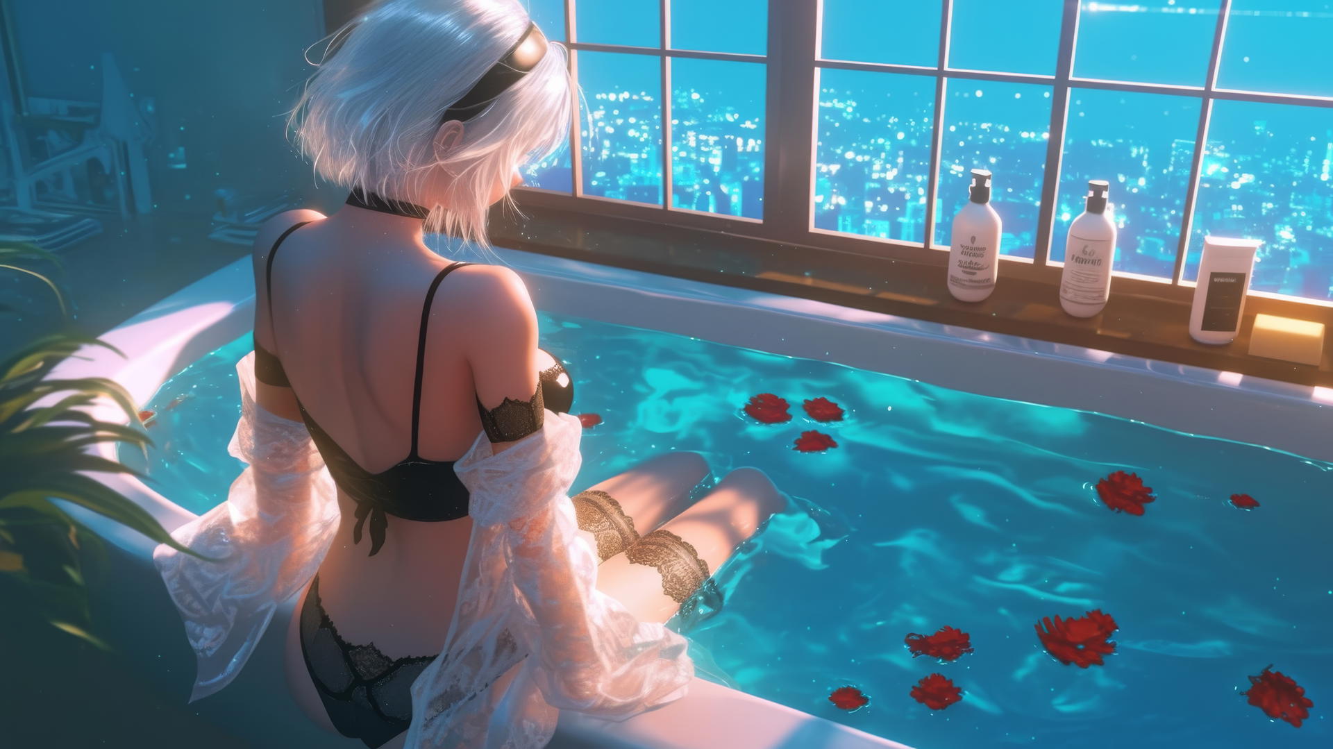 2B from Nier in white, standing by a bathtub in a modern apartment with warm light