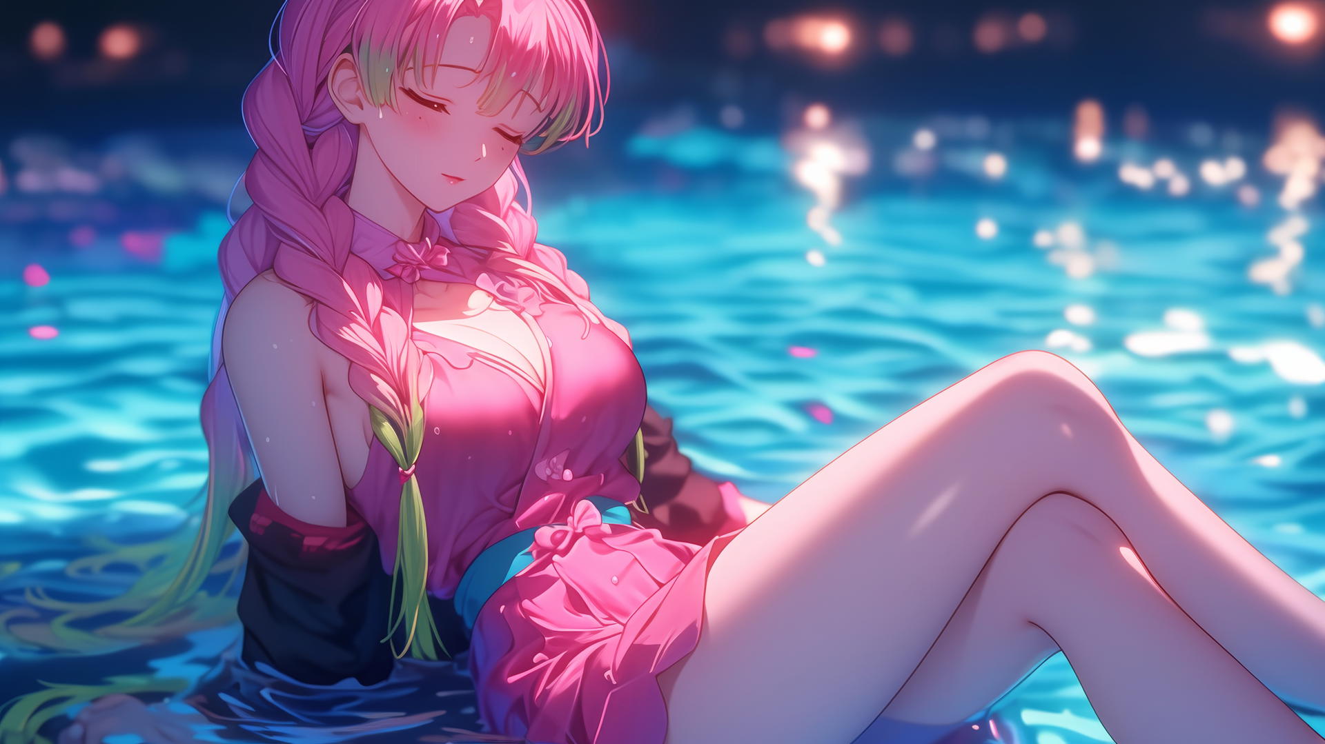 Mitsuri Kanroji resting by a rainy pool with moonlight, wearing a pink dress