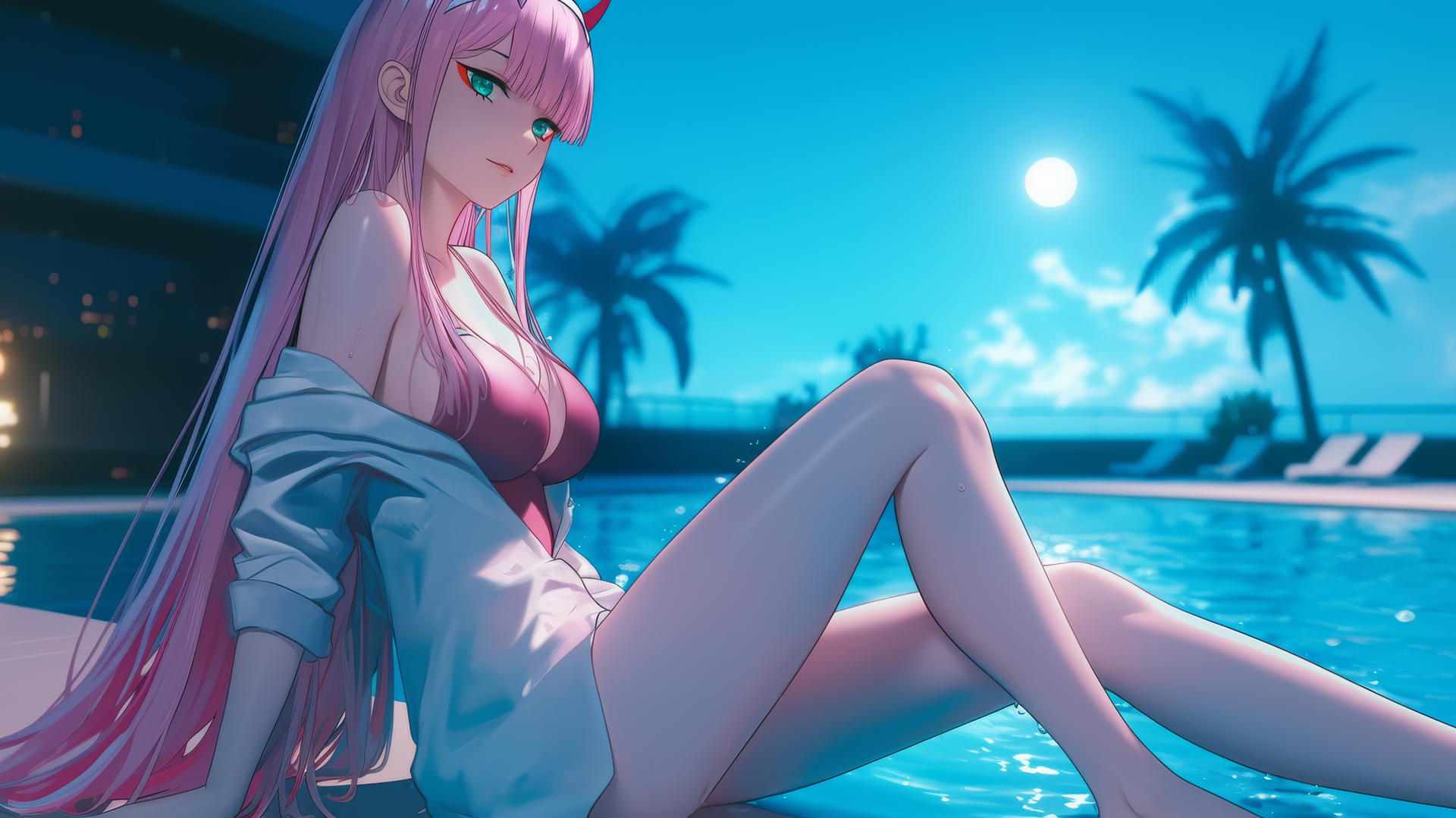 Zero Two from DARLING in the FRANXX resting by a rainy swimming pool under moonlight.