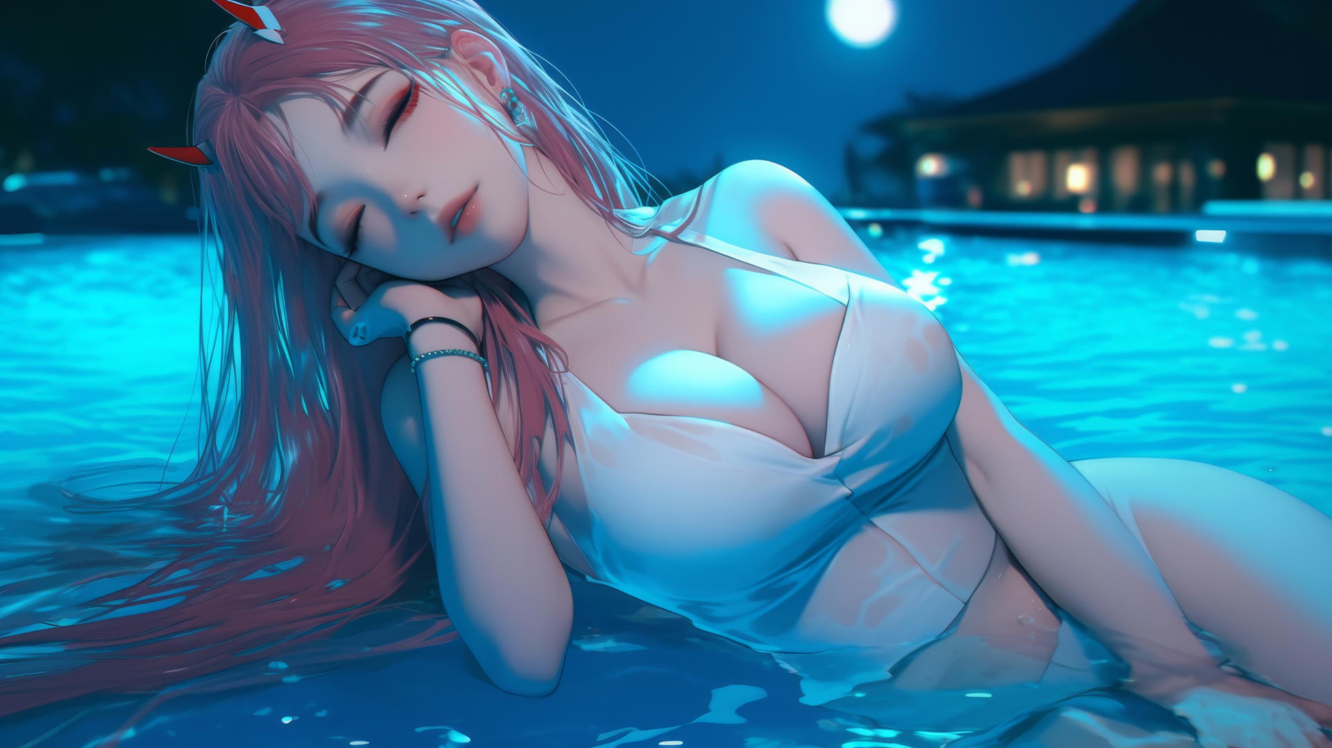 Zero Two from DARLING in the FRANXX rests by a rainy swimming pool under moonlight with long pink hair.