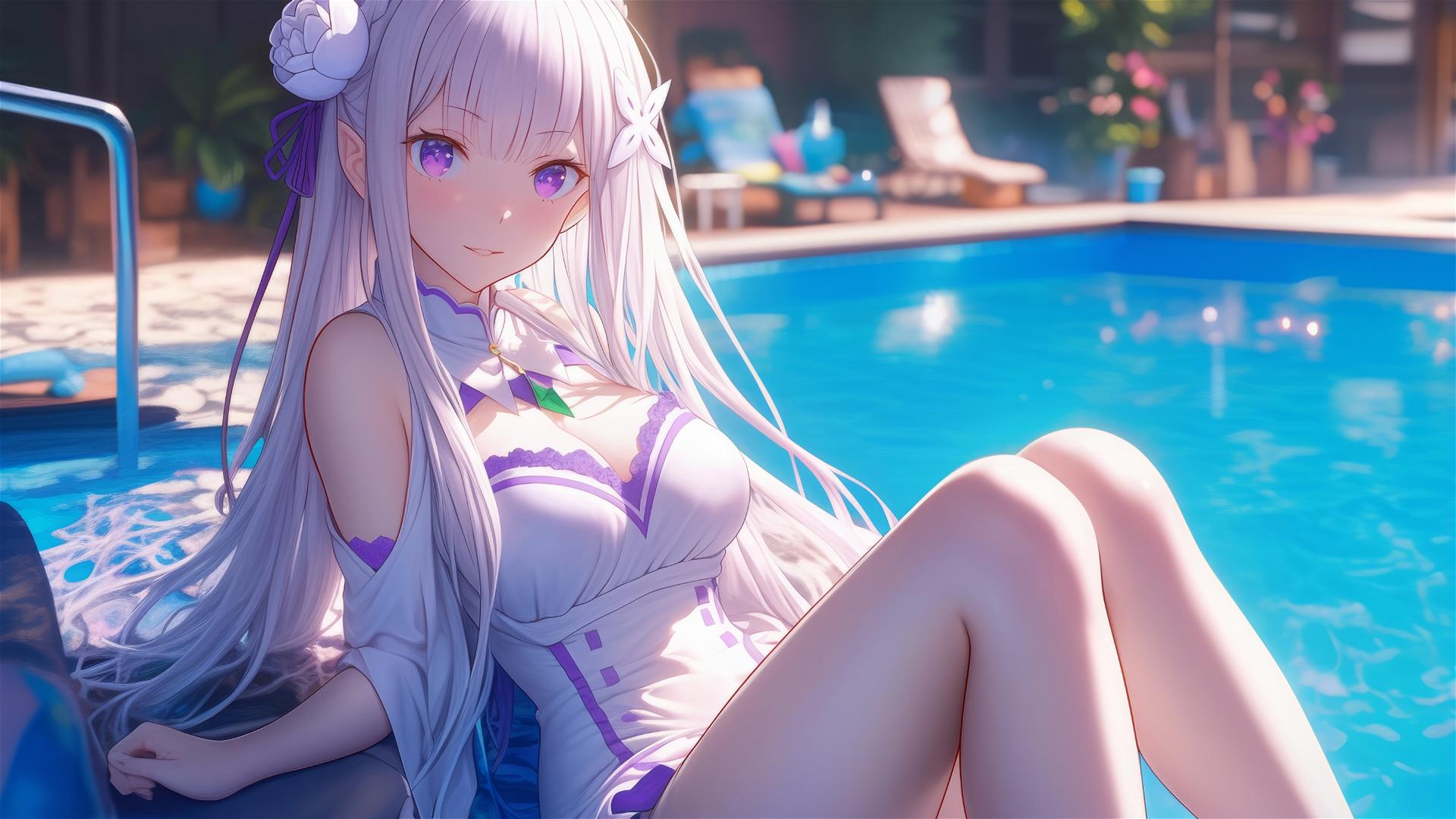 Emilia from Re:Zero relaxing by a moonlit swimming pool.