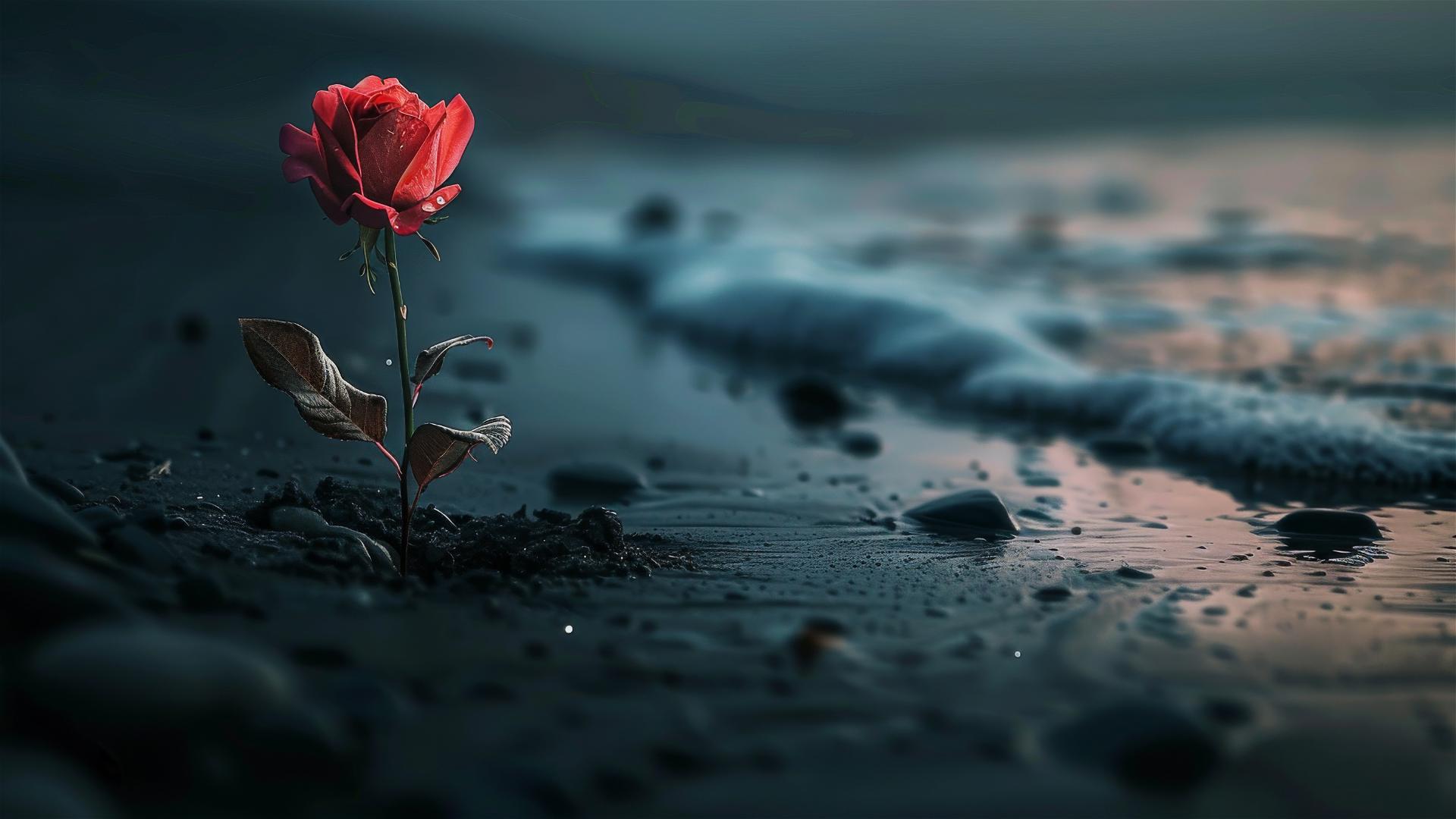 Rose on a black sandy beach at night, in perspective view