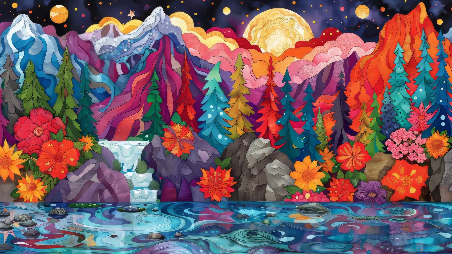 Forest scene with hidden creatures, autumn leaves, starry night sky, sunset, Klimt style.
