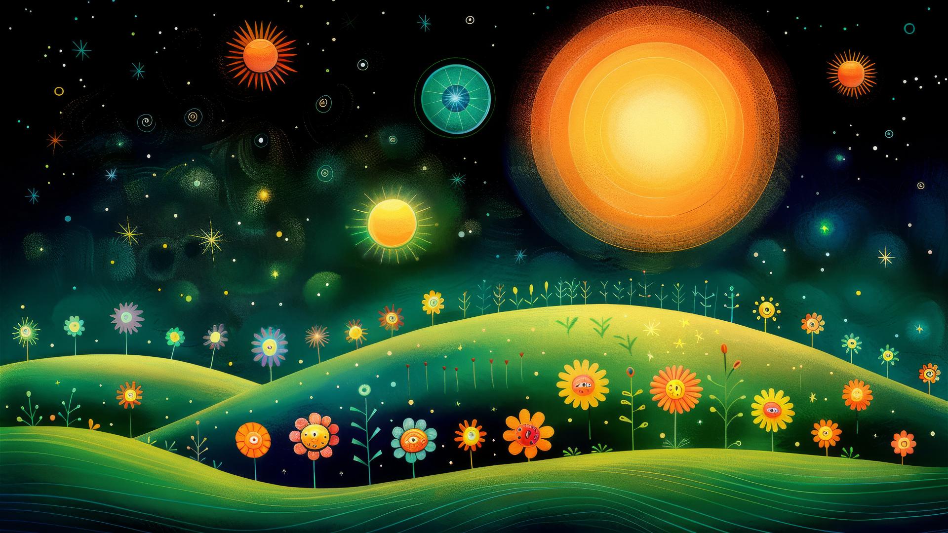 Forest scene with hidden creatures under starry night and autumn leaves.