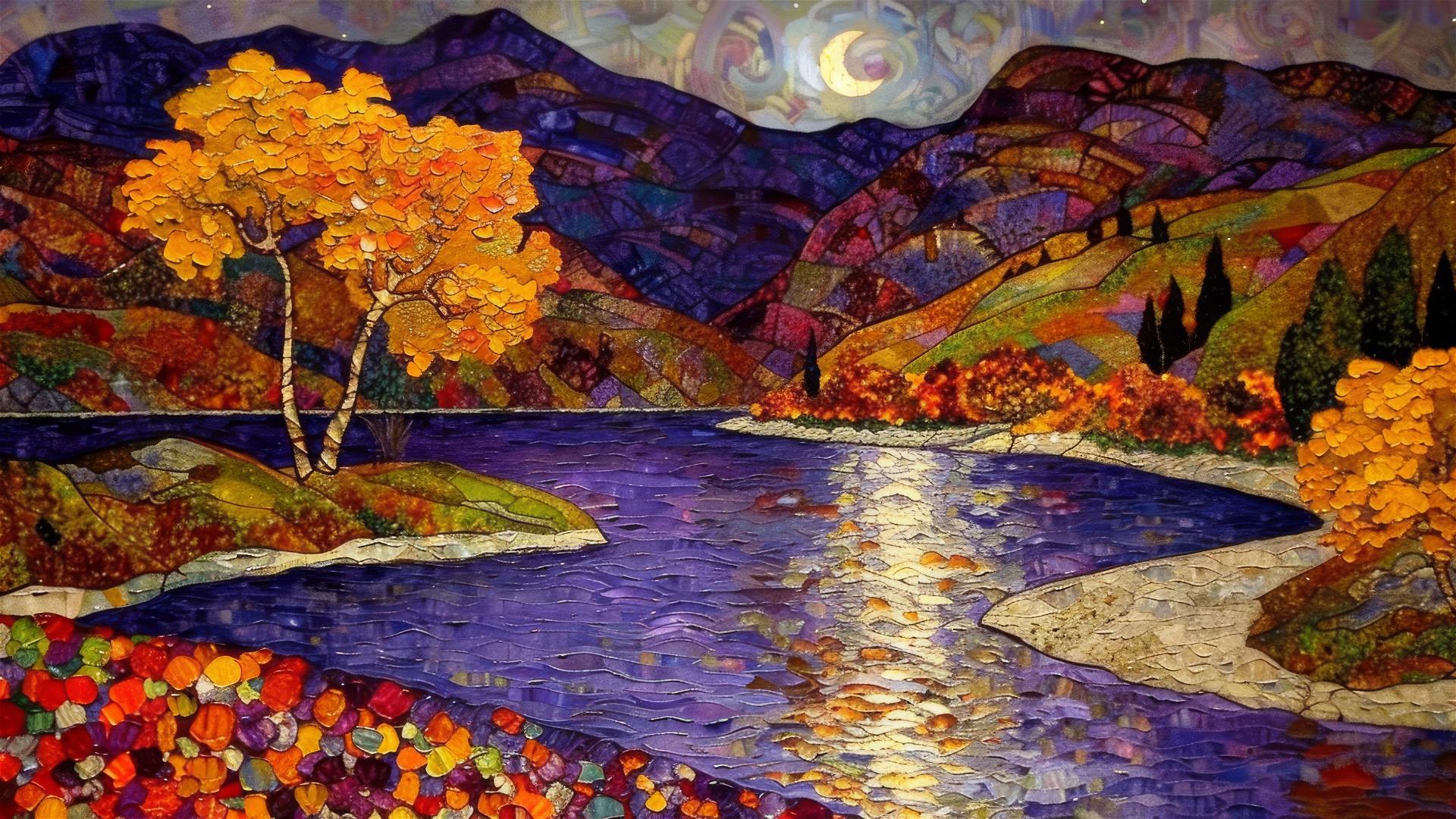 Forest scene with hidden creatures, autumn leaves, starry night sky, sunset, and loneliness